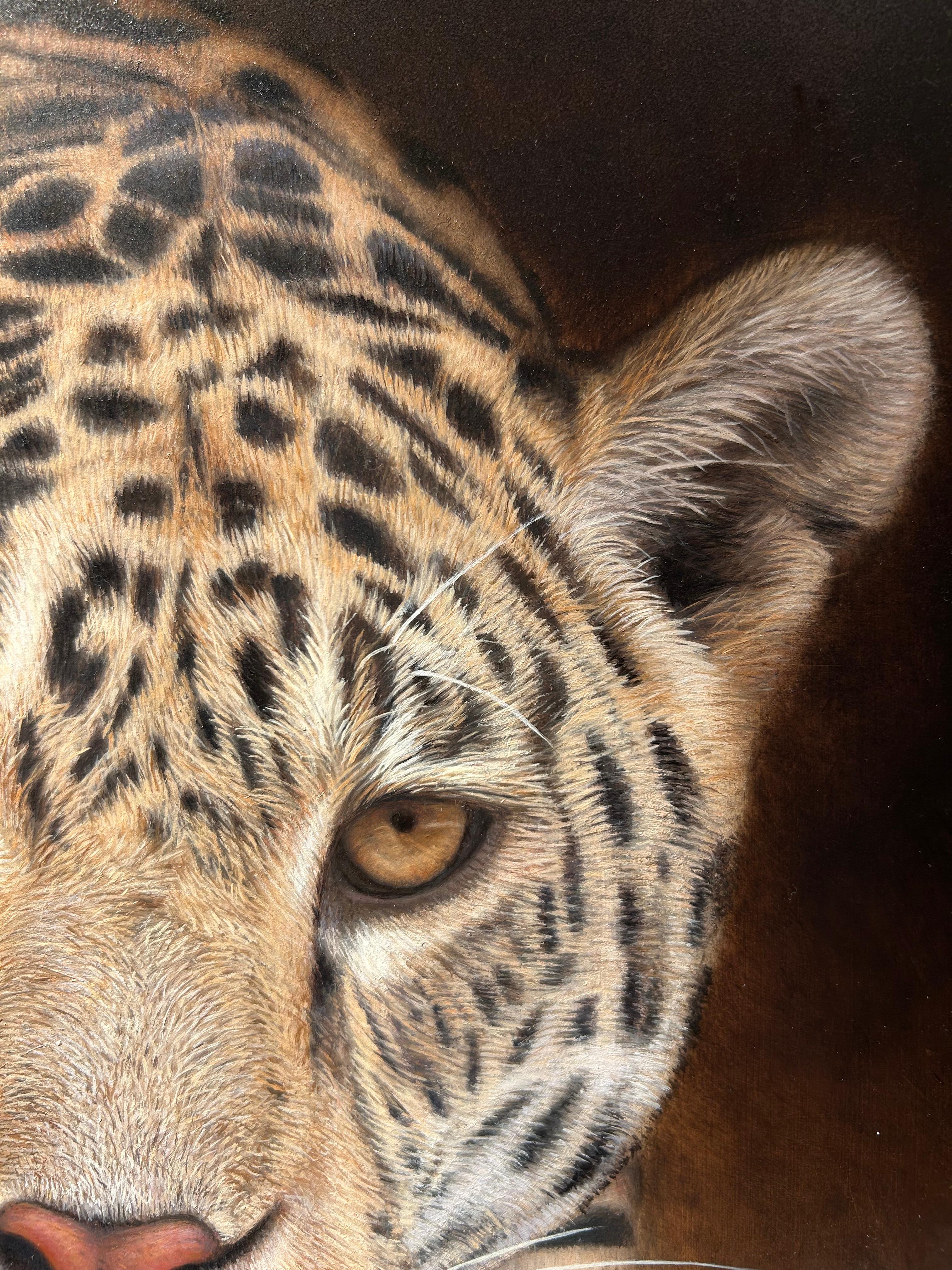 Goldie (Jaguar), Photorealist Portrait Painting of Jaguar on Aluminium 2