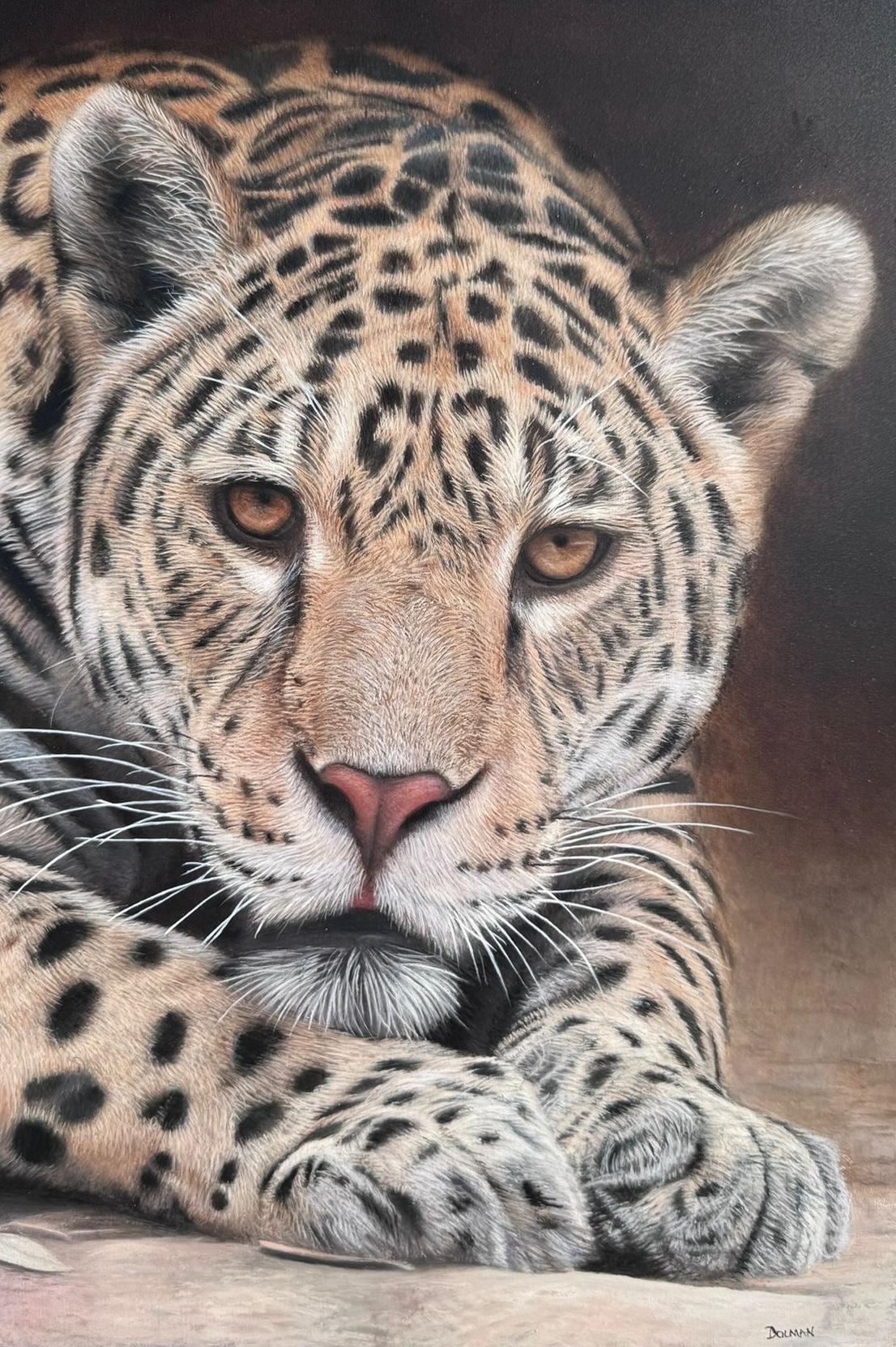Sam Dolman Animal Painting - Goldie (Jaguar), Photorealist Portrait Painting of Jaguar on Aluminium