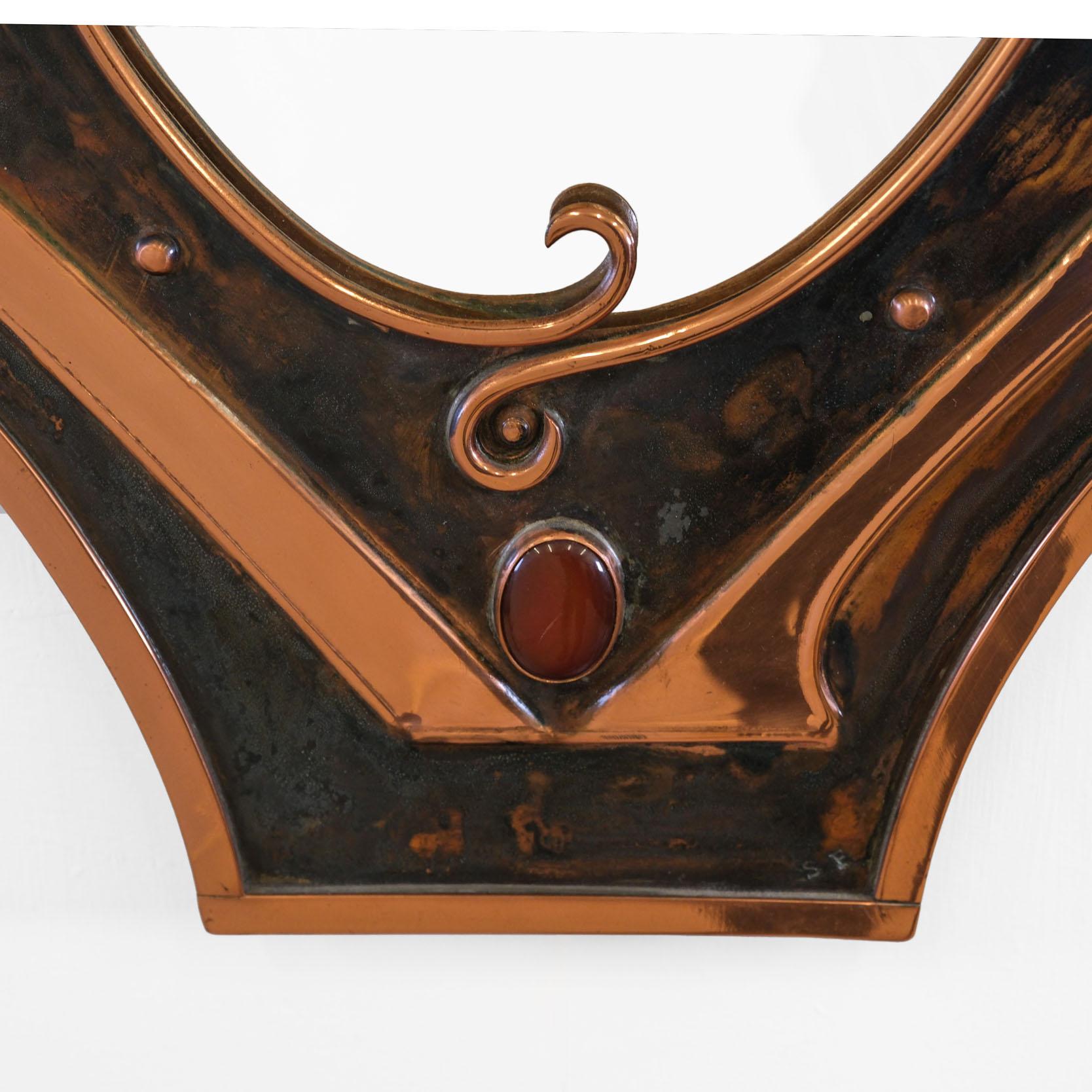 Art Nouveau Sam Fanaroff Sussex Guild Copper Stylized Mirror Inset With Stone Cabochons