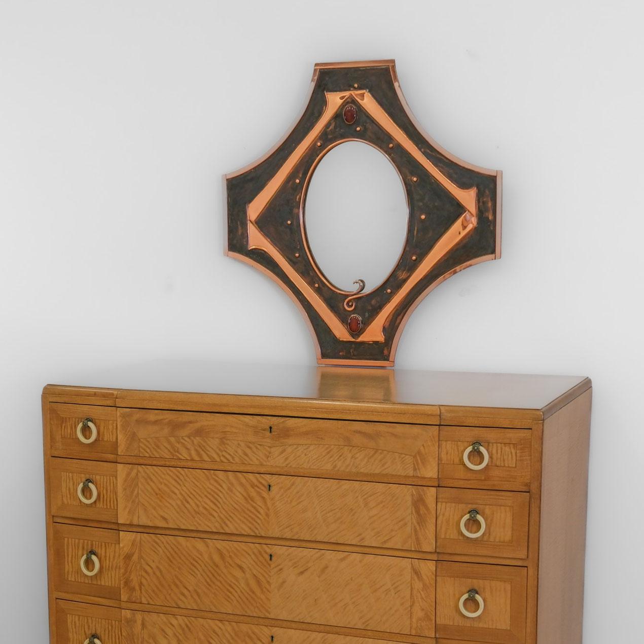 Sam Fanaroff Sussex Guild Copper Stylized Mirror Inset With Stone Cabochons In Good Condition In Norwich, GB