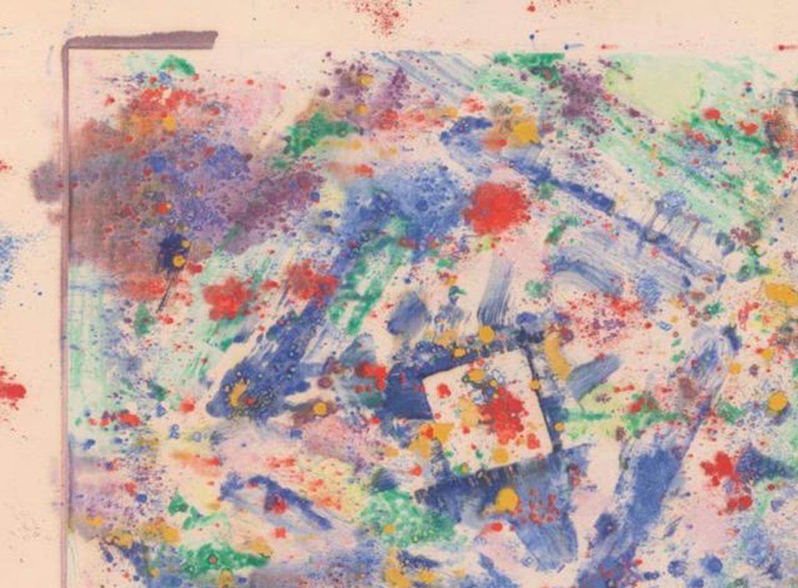 Untitled (1981) de Sam Francis illustre sa maîtrise de l'association de couleurs vibrantes et de formes dynamiques. La composition présente un bloc central d'un rouge profond, entouré d'éclaboussures et de gerbes de bleus, de blancs et de roses. Une