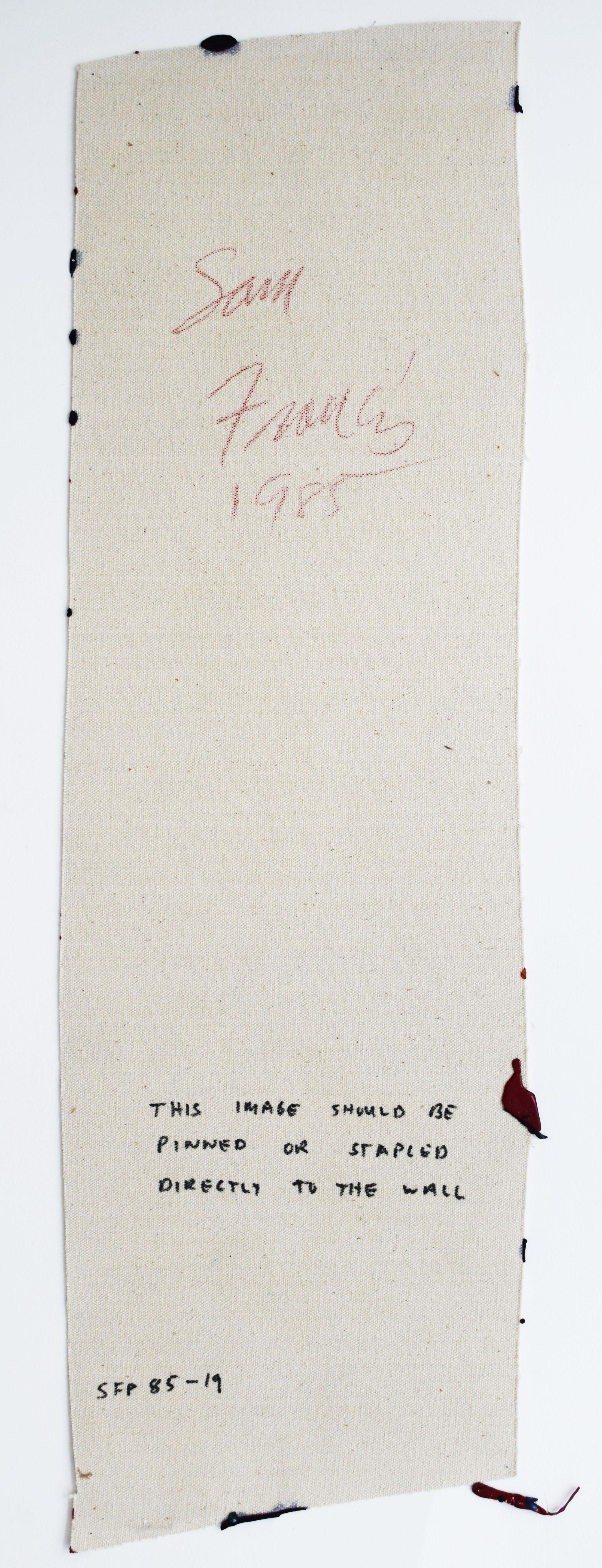 Ésta es una pintura al óleo sobre lienzo de Sam Francis. 
Se pintó en 1985.
Está firmada a mano y fechada a lápiz rojo por el artista 