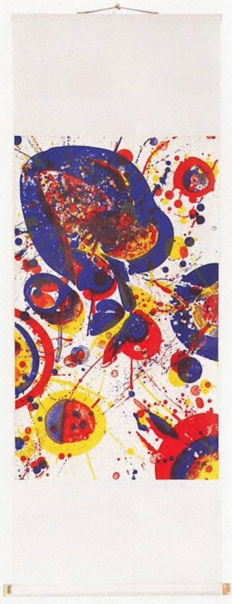 A remarkable work of art, An Other Set – X was created by Sam Francis in 1964 as one of eight original lithographs in color in the famed, Pasadena Box portfolio.  Printed on Japanese rice paper, then mounted to a silk scroll, this spectacular print