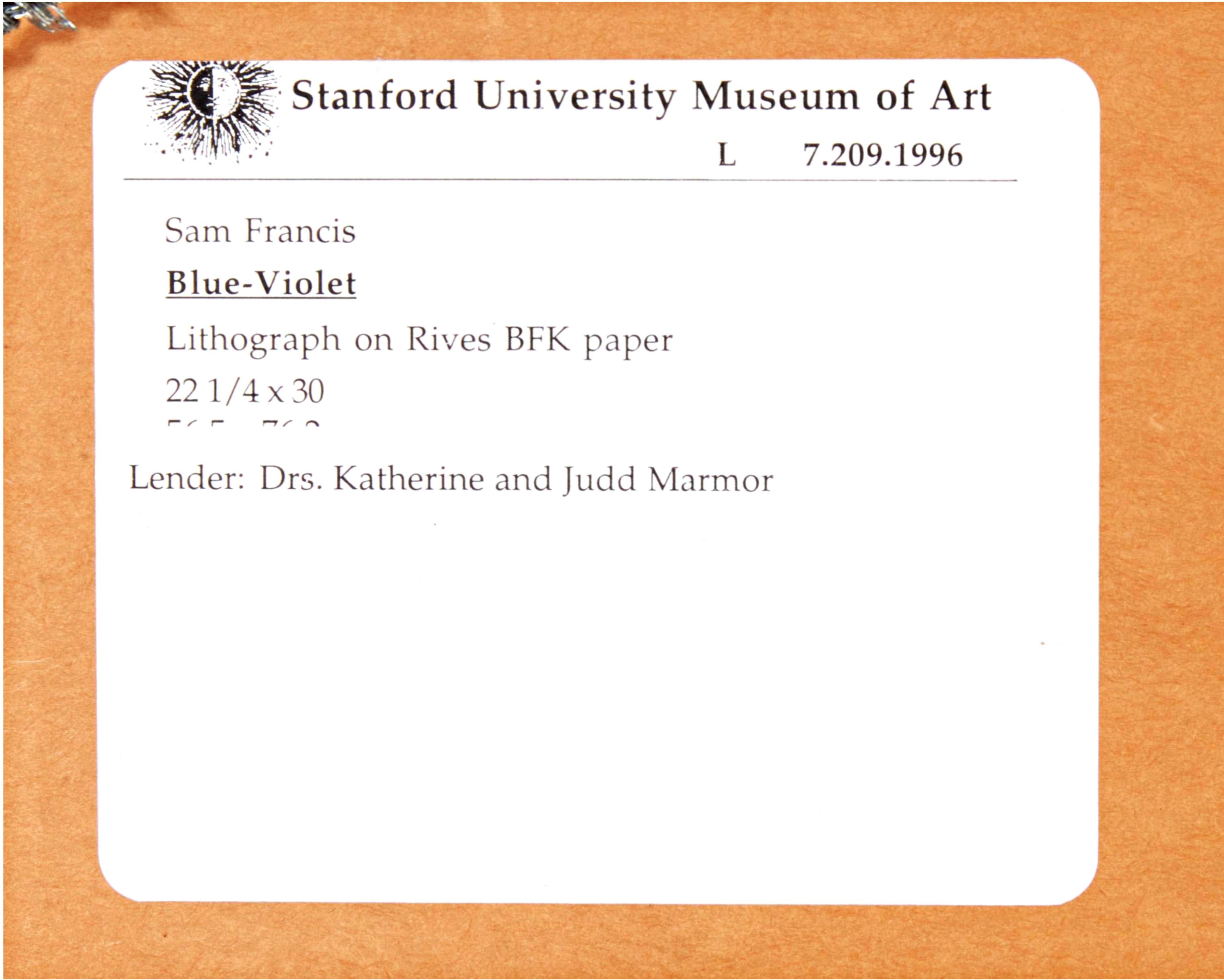 Sam Francis
Blue-Violet (Lembark, L, 32), exposé au musée d'art de l'université de Stanford, 1963
Lithographie en couleurs sur papier Rives BFK, avec des bords décalés.
Lithographie en bleu-violet sur papier Rives BFK avec des bords décolorés, l'une
