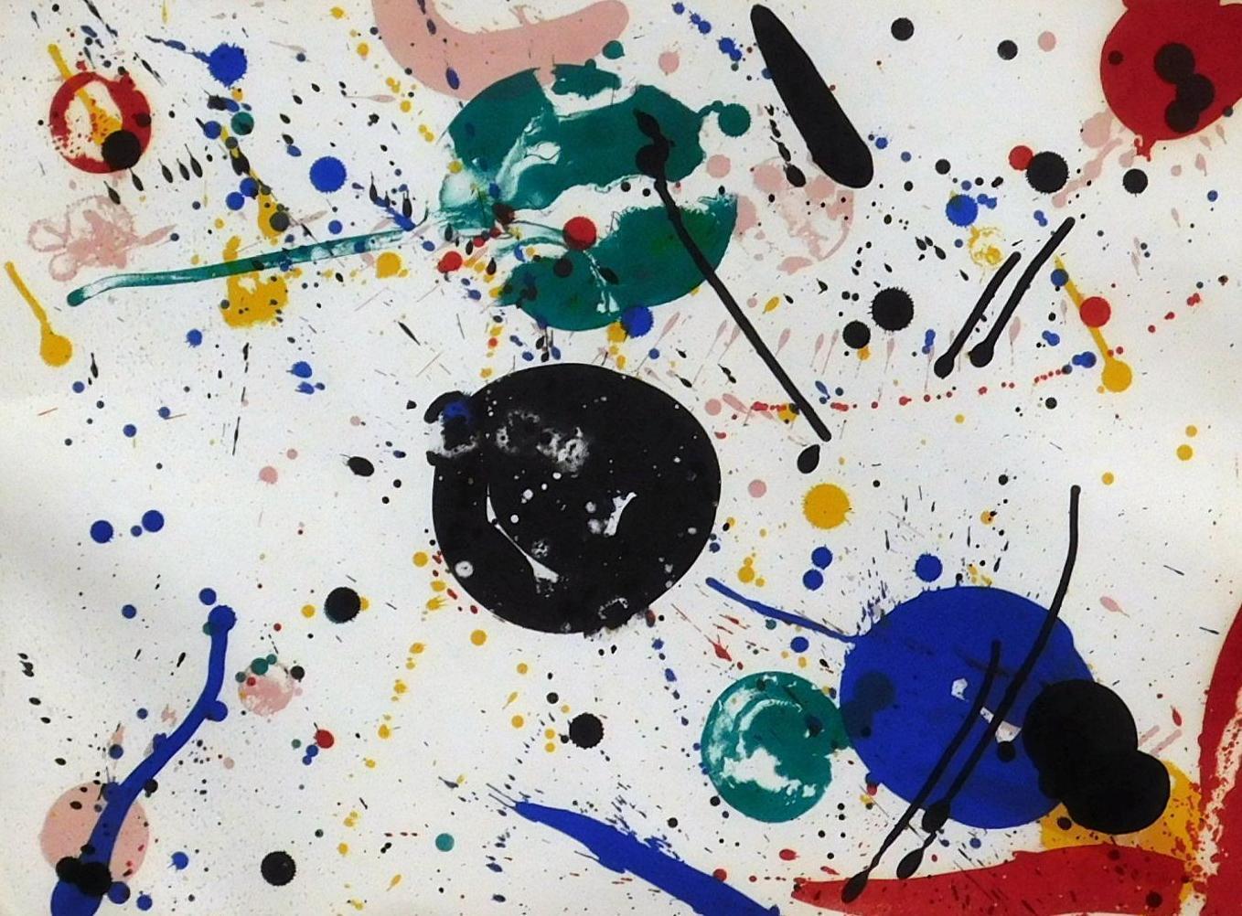 Diese farbenfrohe Lithografie stammt von dem kalifornischen abstrakten Künstler Sam Francis (1923-1995).
Das Werk ist in ausgezeichnetem Zustand und archivgerecht in einem minimalistischen Metallrahmen der Zeit gerahmt. 
Titel: "Variant of Fifty".