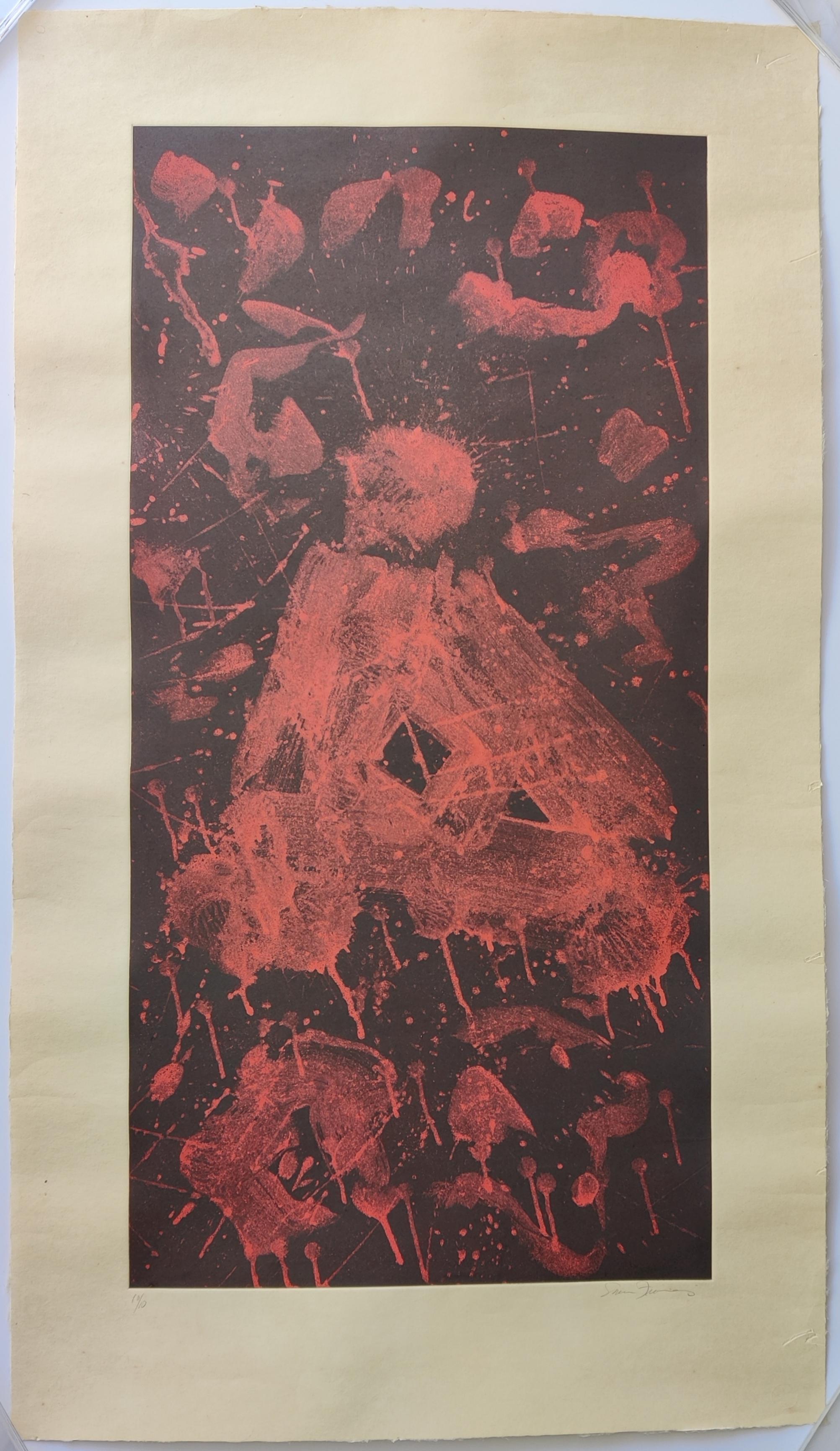 Sam Francis 
Untitled (SFE-021), 1984
Aquatint in colors with Chine collé on Japanese paper
Signed lower right
Edition 10/10 lower left
Image size: 91 × 45 cm
Sheet size: 112 × 65 cm
Printed and published by The Litho Shop, Inc., Santa