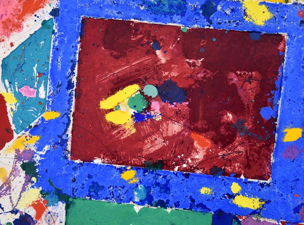 This unique work on paper (monotype) with oil paint, powdered pigment and watercolor in colors on handmade paper is hand signed Sam Francis (San Mateo, 1923- Santa Monica, 1994) in the lower right image. This is a unique and original work.

This Sam