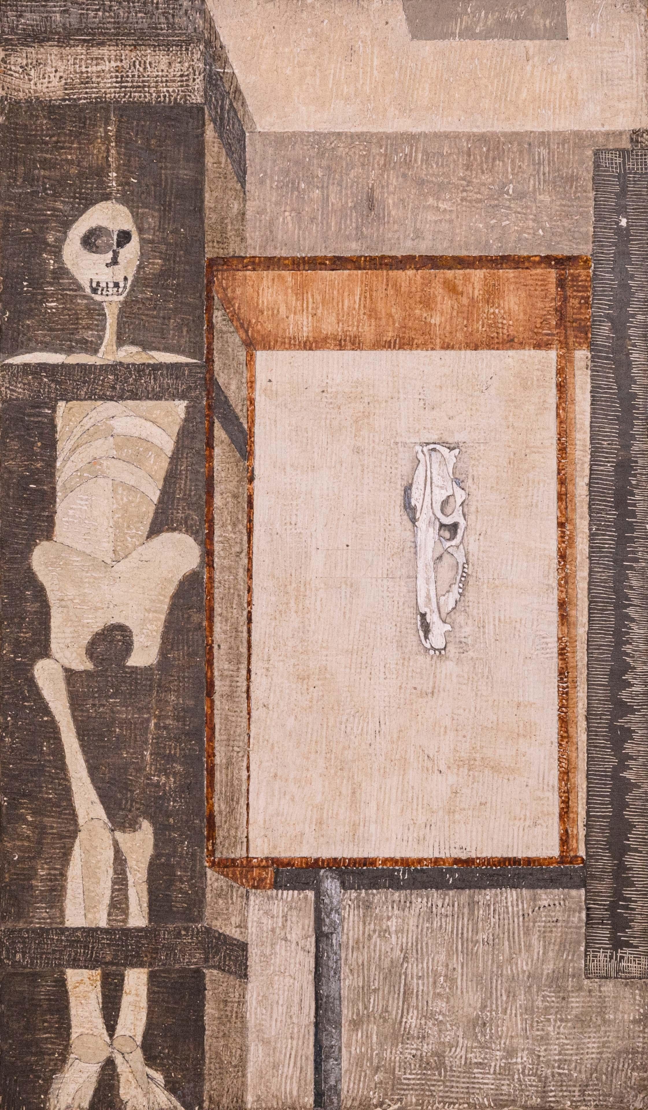 Americano Sam Gamburd Firmato Pittura a olio surrealista moderna Studio su tavola Incorniciato 1960s in vendita