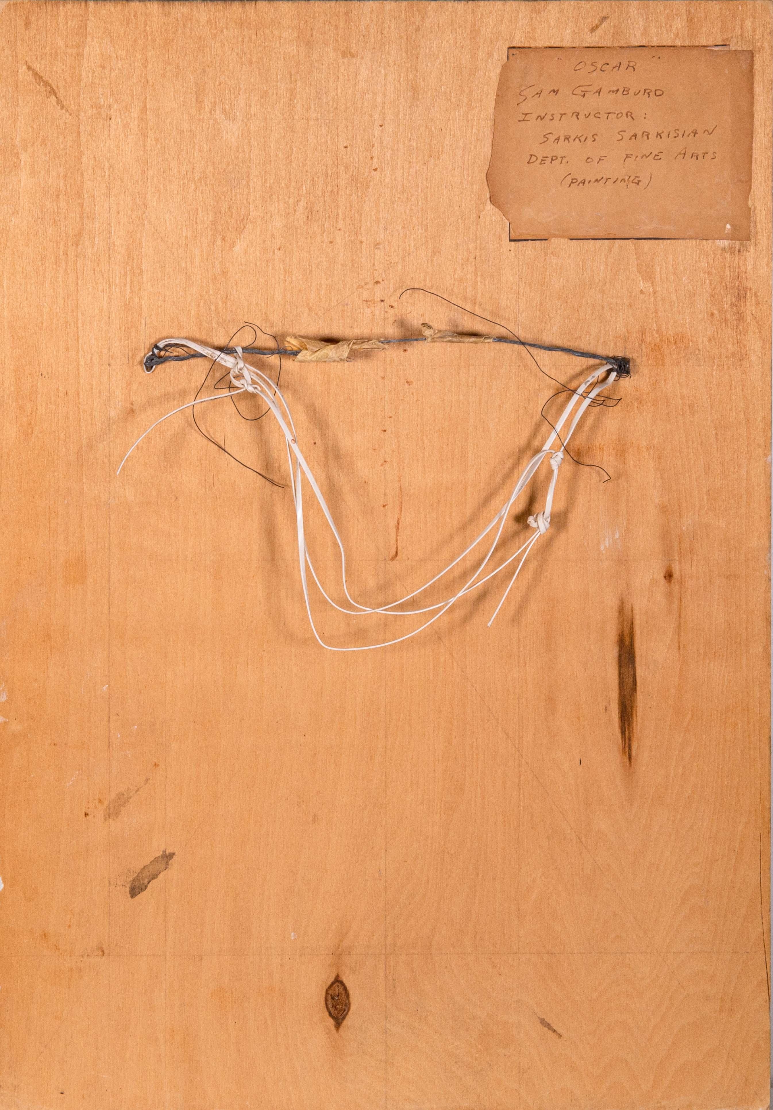 Sam Gamburd Firmato Pittura a olio surrealista moderna Studio su tavola Incorniciato 1960s in vendita 3
