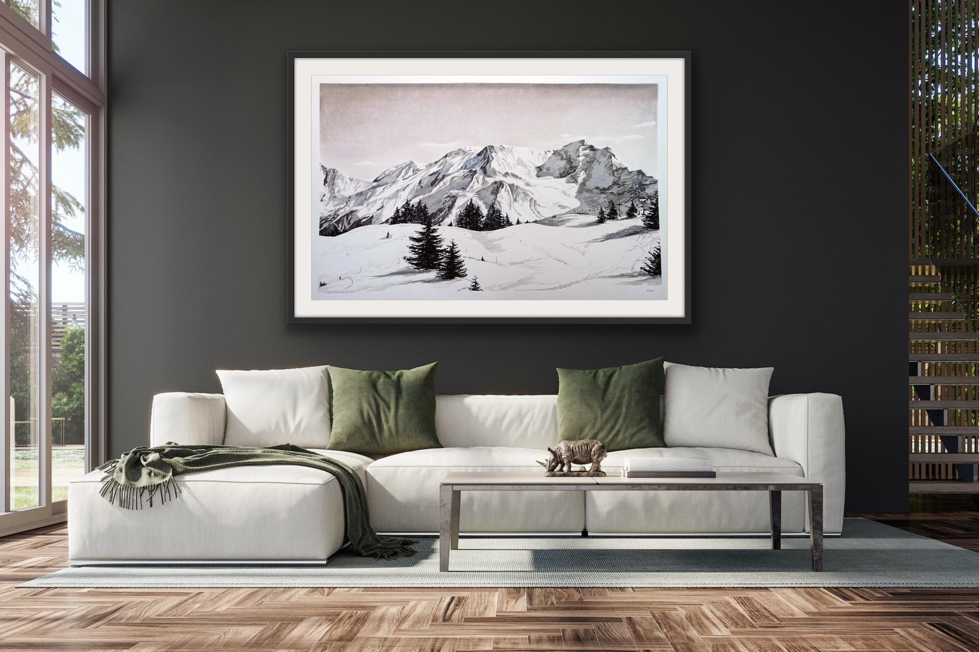 Chamonix, Frankreich Alpen, Skifahren, Kunst, Bergmalerei, Schwarz-Weiß-Landschaft – Painting von Sam Gare