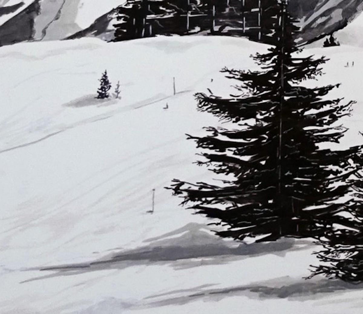 Chamonix, Frankreich Alpen, Skifahren, Kunst, Bergmalerei, Schwarz-Weiß-Landschaft (Zeitgenössisch), Painting, von Sam Gare