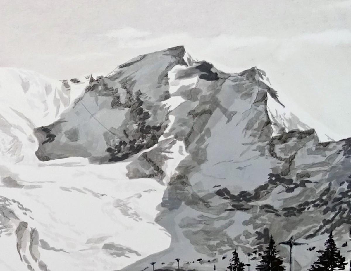 Chamonix, Frankreich Alpen, Skifahren, Kunst, Bergmalerei, Schwarz-Weiß-Landschaft (Grau), Interior Painting, von Sam Gare