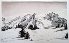 Chamonix, France Alps, Skiing Art, Mountain Painting, Black and White Landscape