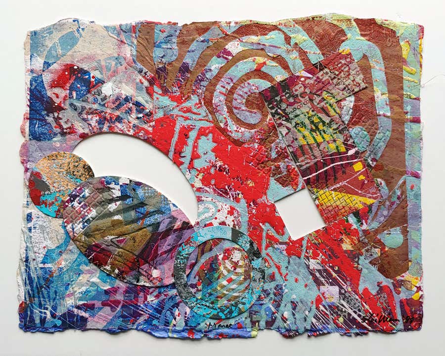 Manet Acrylic, collage, relief, handmade paper, screen print, cutouts Stitching