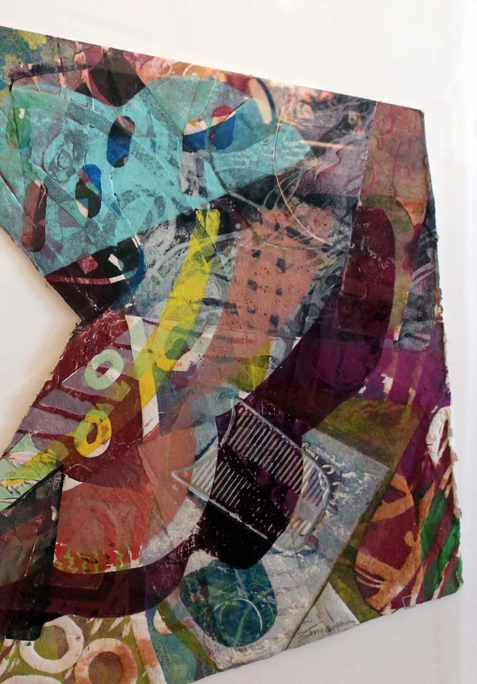 An original mixed media screen print on hand made paper collage by Sam Gilliam, signed and dated 1987.  The piece comes framed in an archival plexiglass shadow box presentation.