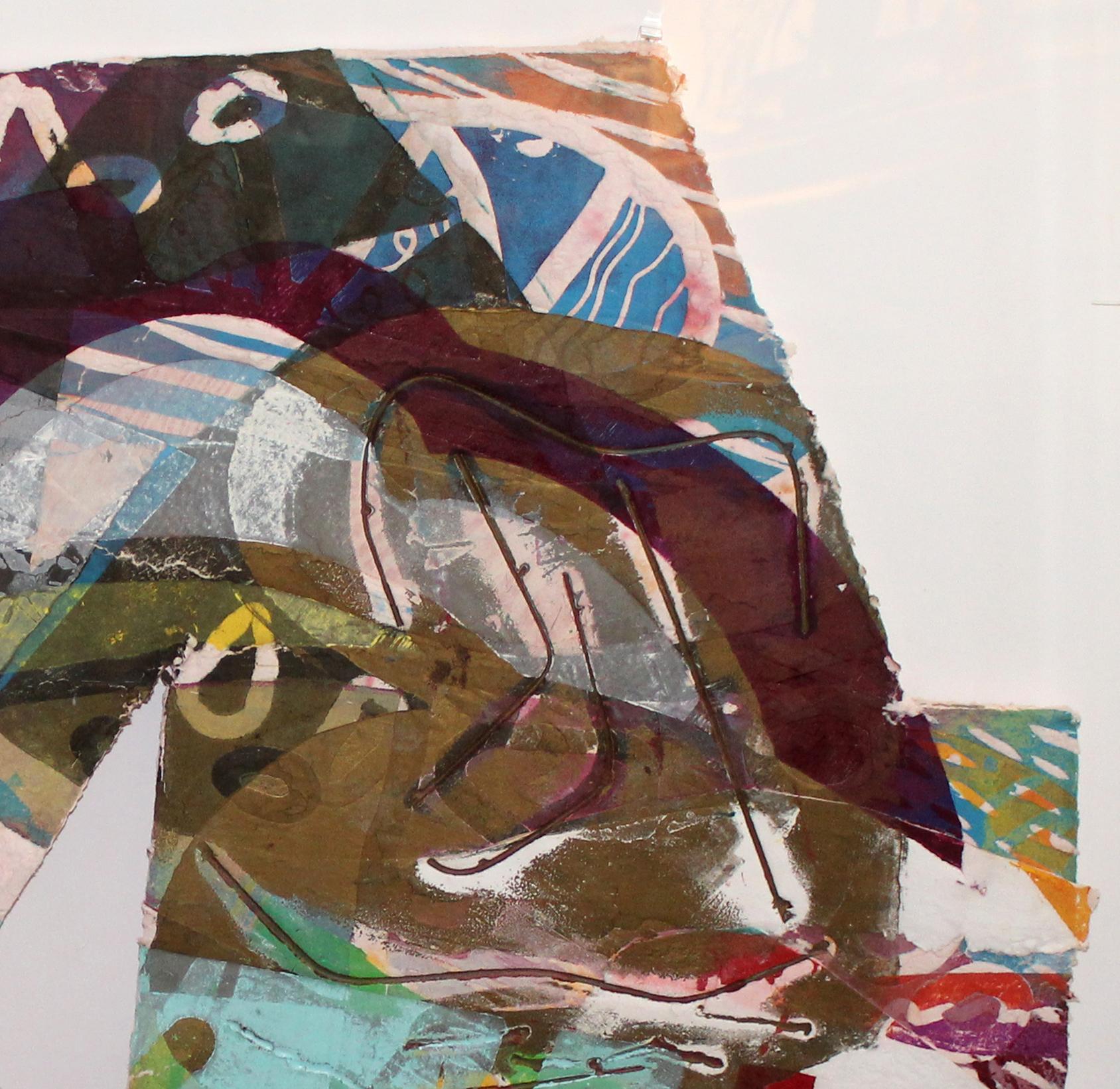 A mixed media screen print on hand made paper collage by Sam Gilliam, signed and dated 1987.  This work comes in an archival framed plexiglass shadow box presentation.