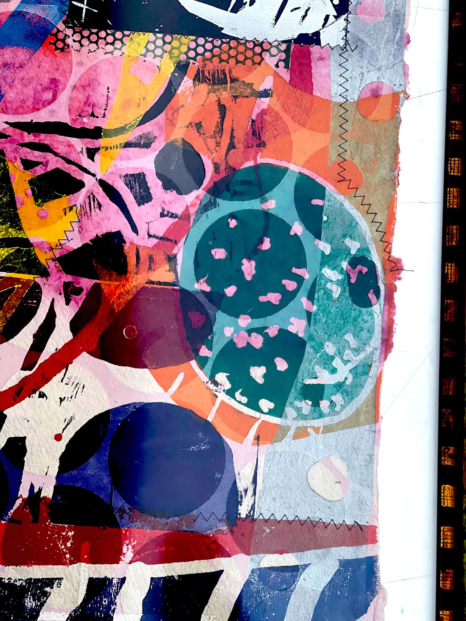 Cuatro (Monoprint with screenprint, collage, acrylic, stitching and embossing) For Sale 5