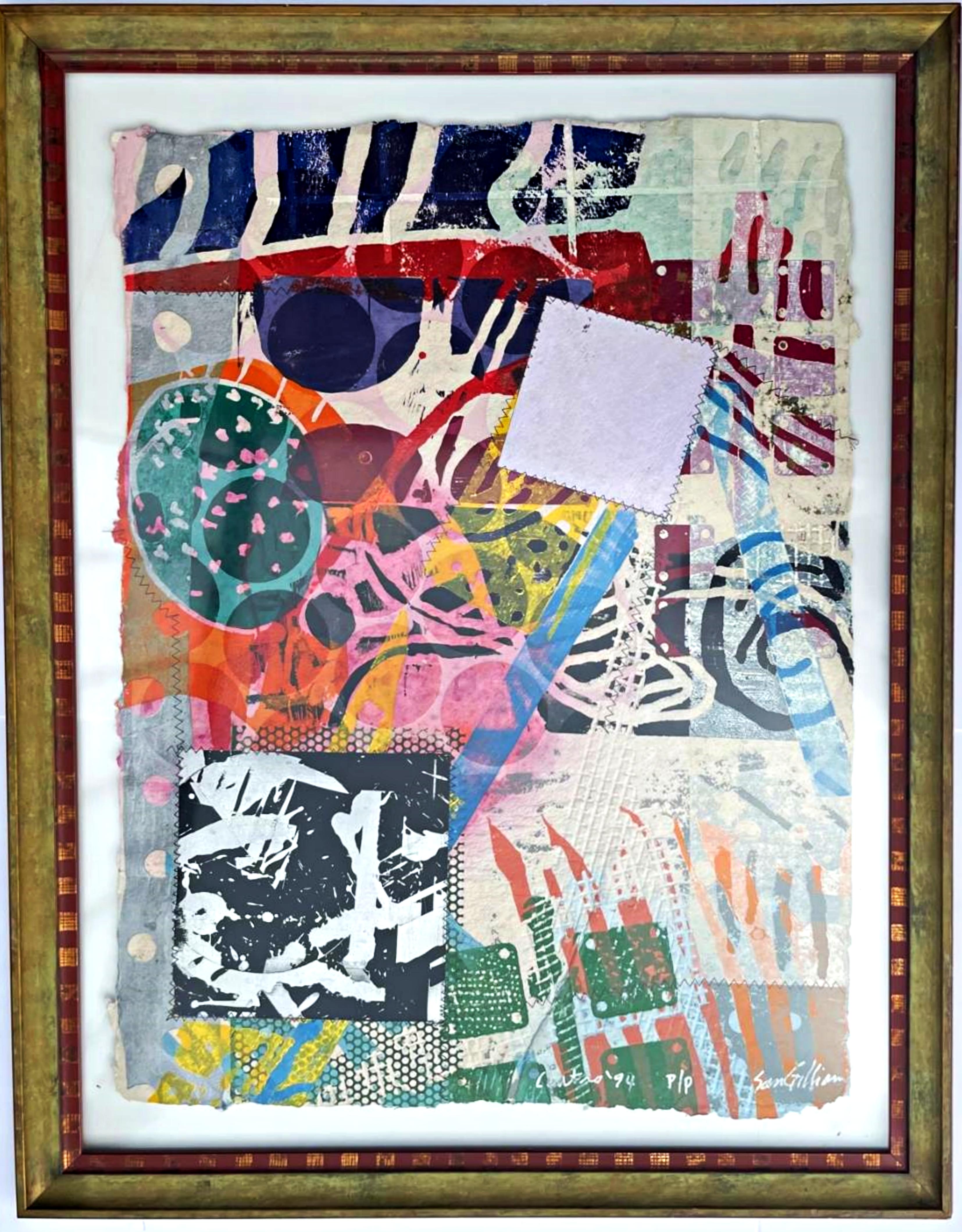 Cuatro (Monoprint with screenprint, collage, acrylic, stitching and embossing)