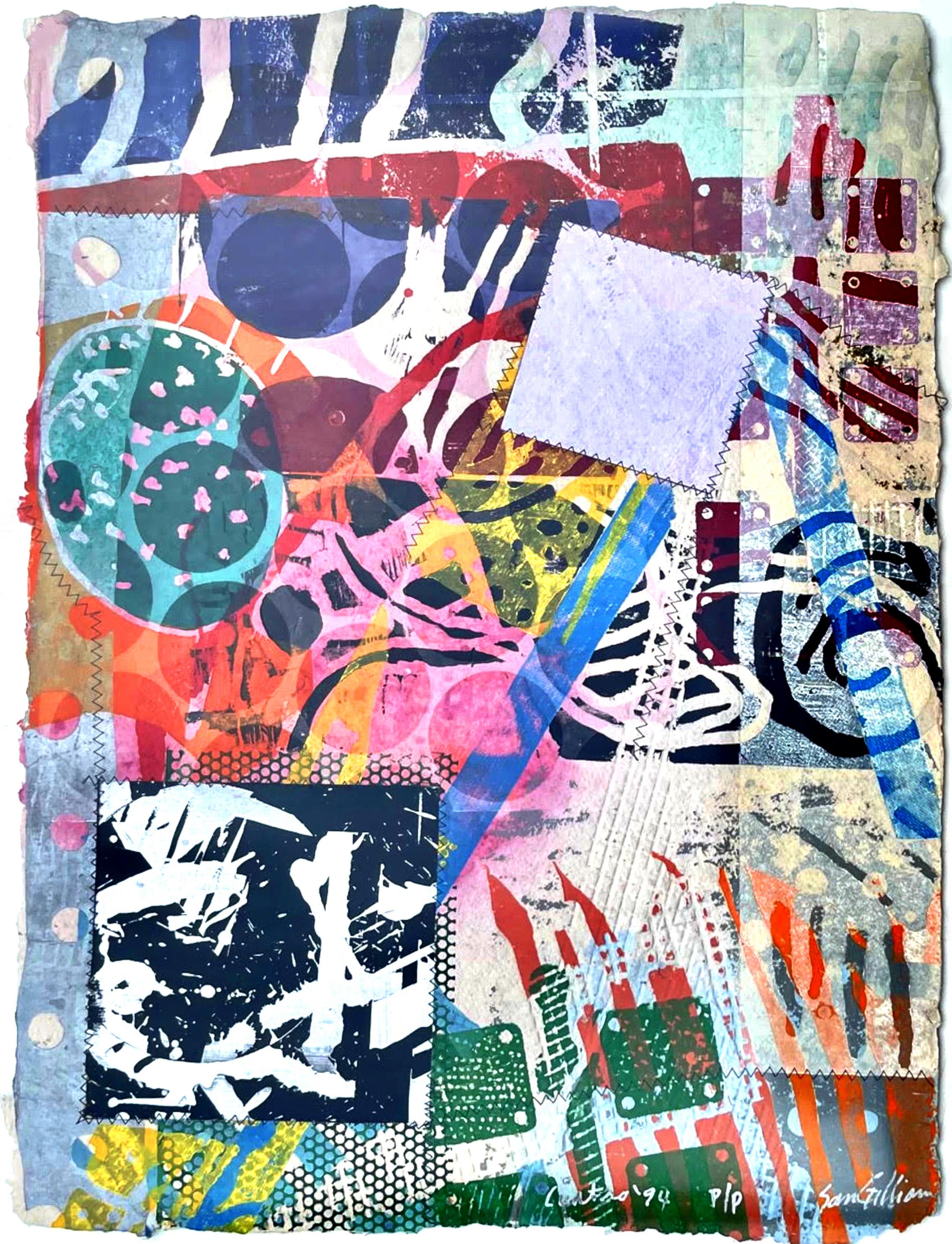 Cuatro, monoimpression avec collage sérigraphié acrylique, coutures et gaufrage signé - Print de Sam Gilliam