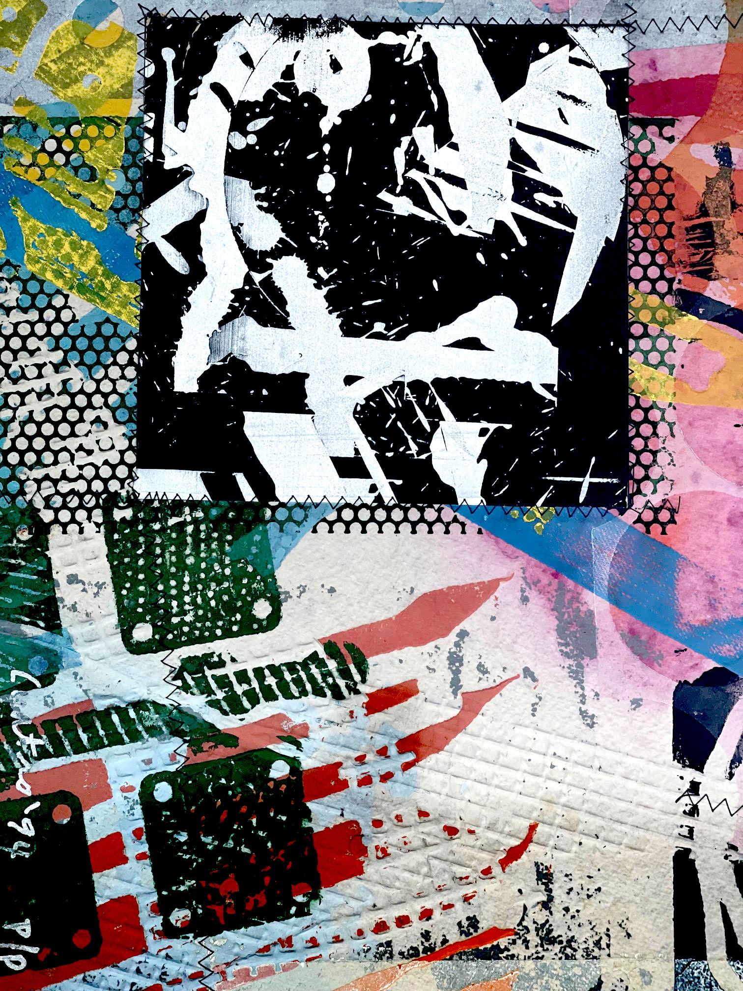 Cuatro, monoimpression avec collage sérigraphié acrylique, coutures et gaufrage signé en vente 1