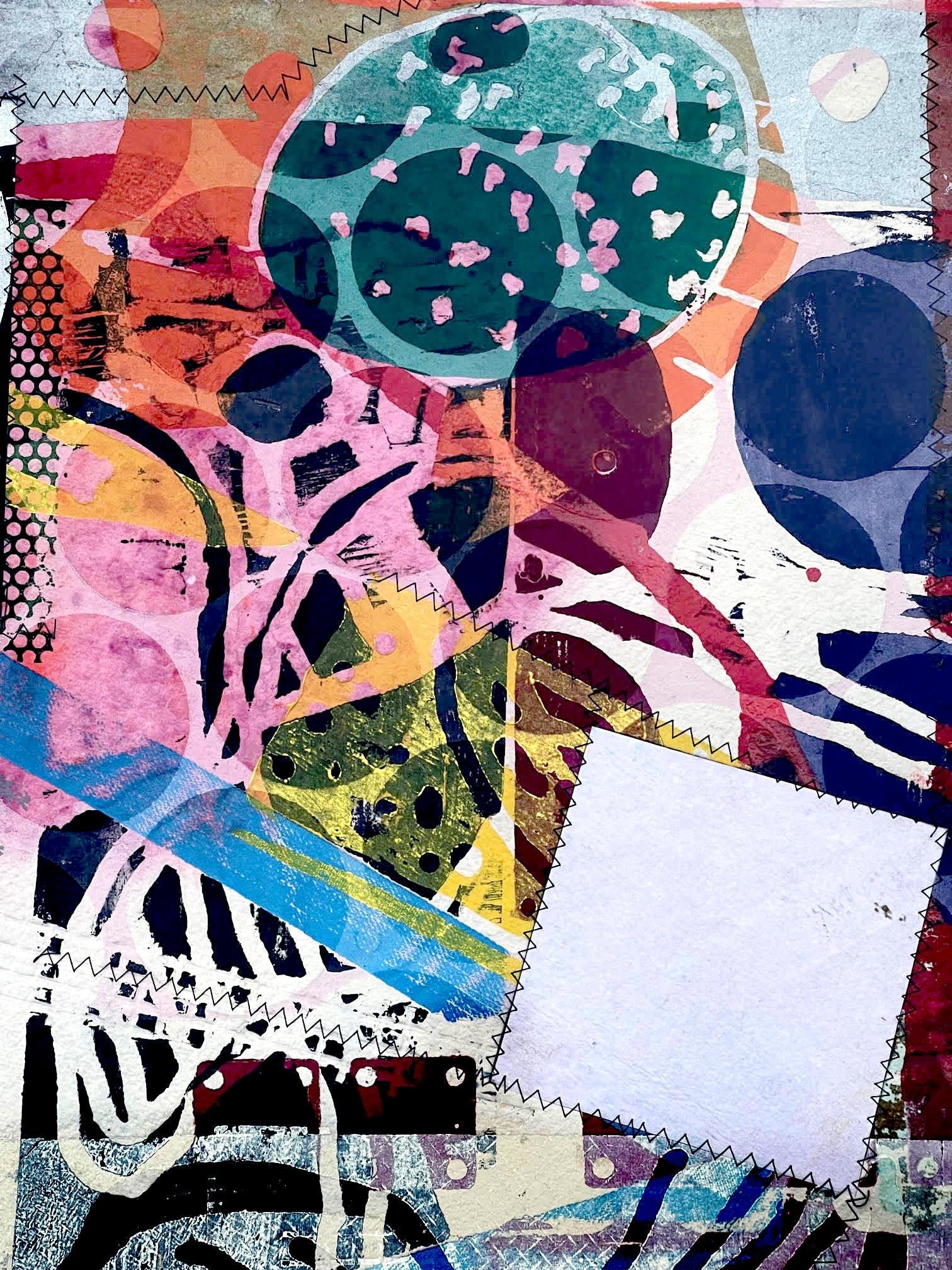 Cuatro, monoimpression avec collage sérigraphié acrylique, coutures et gaufrage signé en vente 2