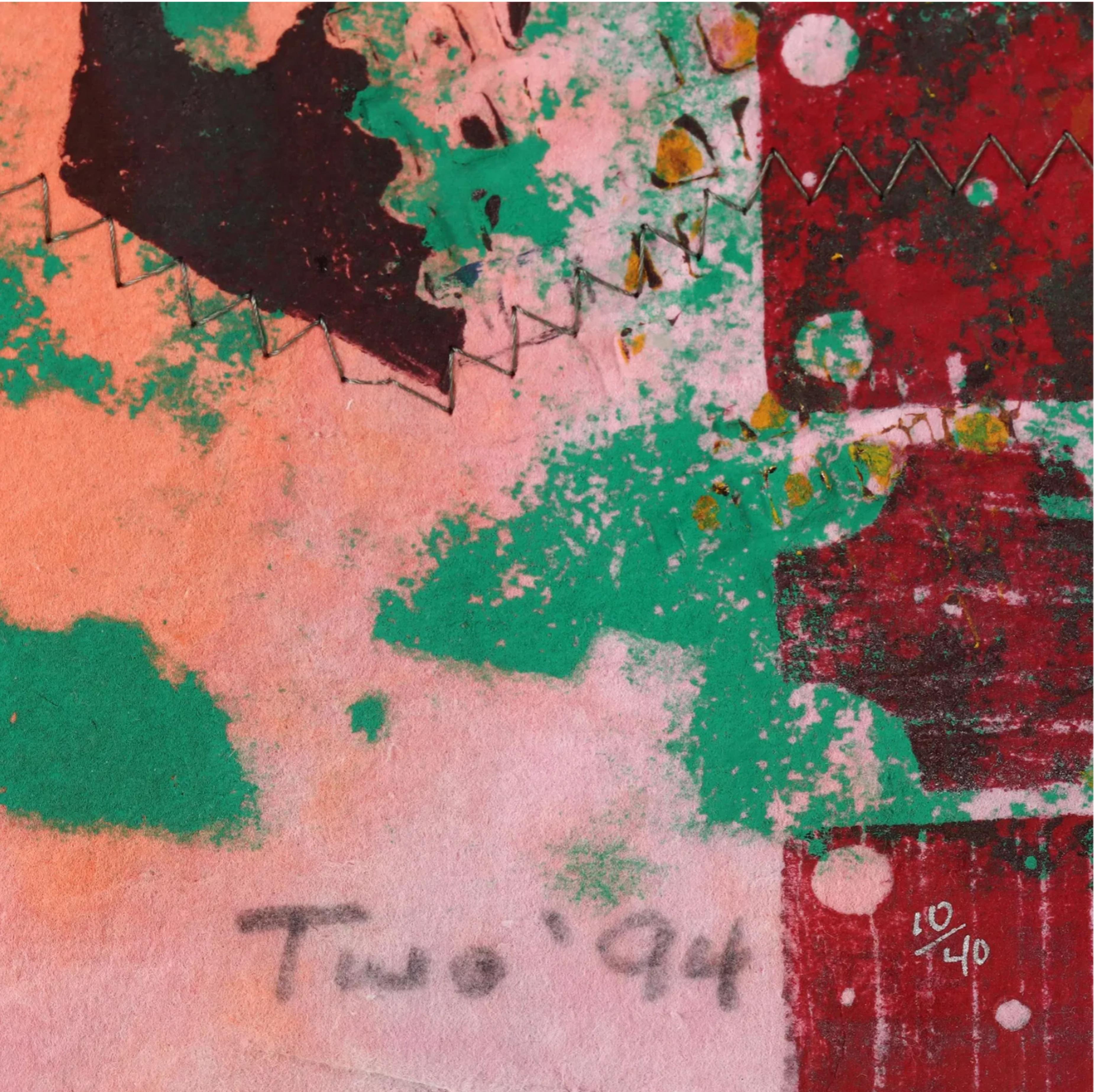 Monodruck mit Siebdruck-Collage Acryl, Stitching & Prägung Signiert, Gerahmt (Grau), Abstract Print, von Sam Gilliam