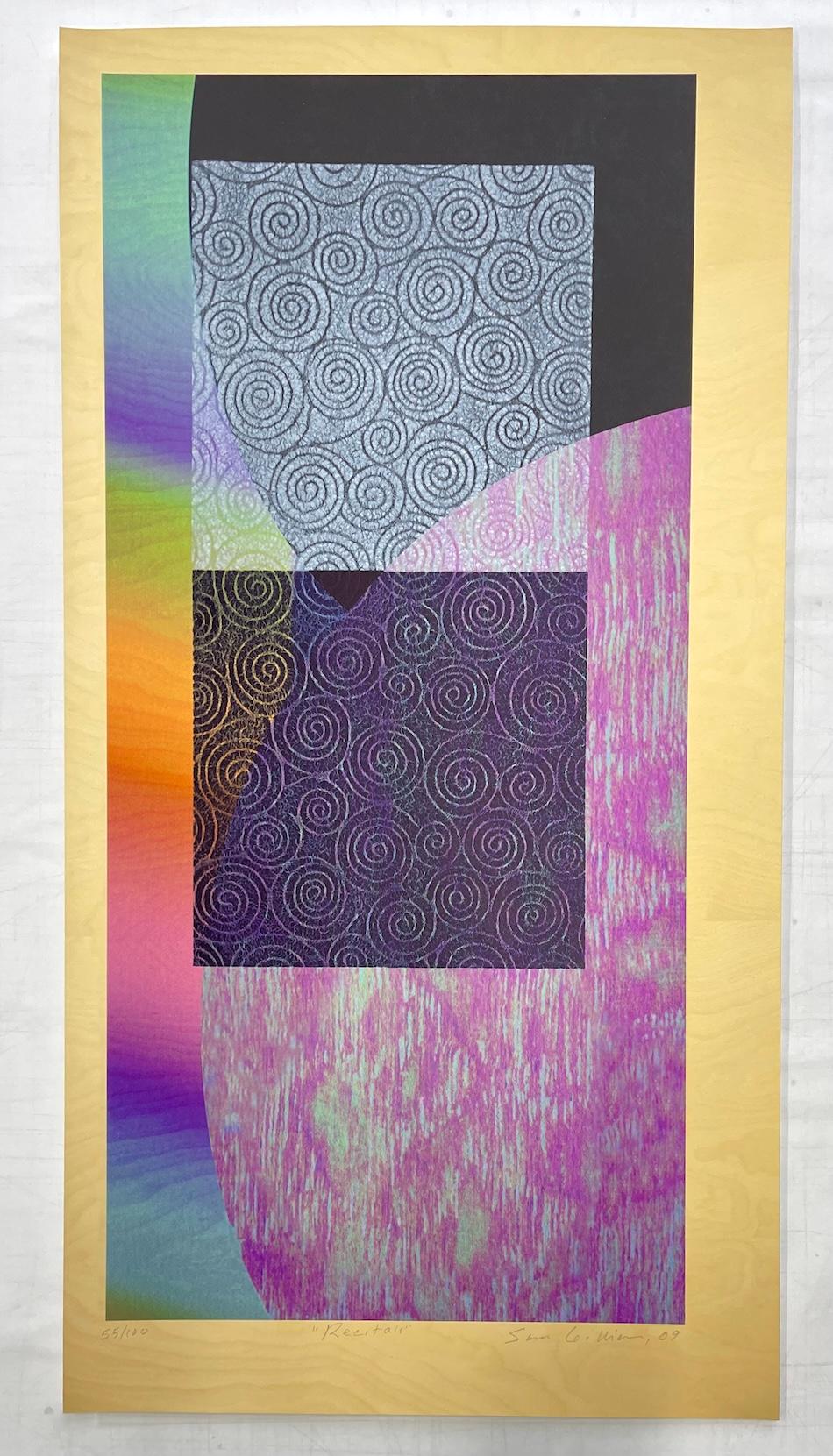 RECITALS Stampa a tecnica mista firmata, collage astratto, colori dell'arcobaleno, spirali in vendita 4