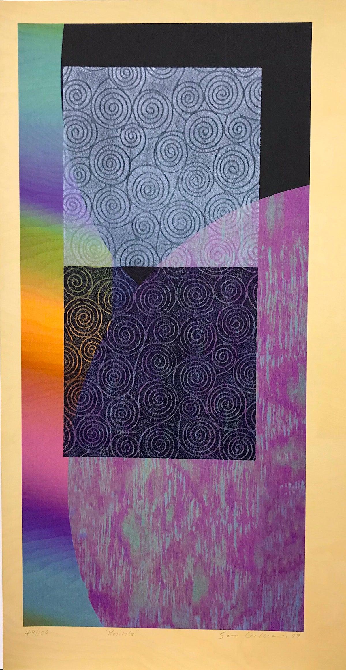 RECITALES Impresión en técnica mixta firmada, collage abstracto, colores del arco iris, espirales 