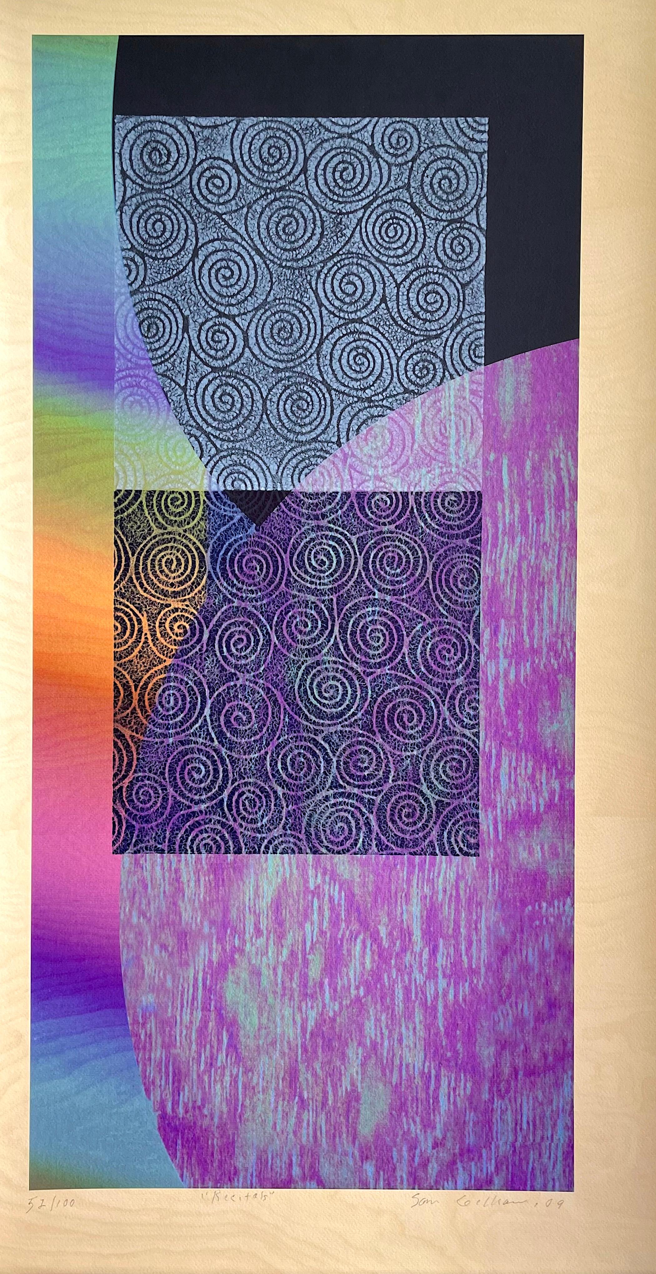 RECITALS Signé Mixed Media Print, Collage abstrait, Couleurs arc-en-ciel, Spirales
