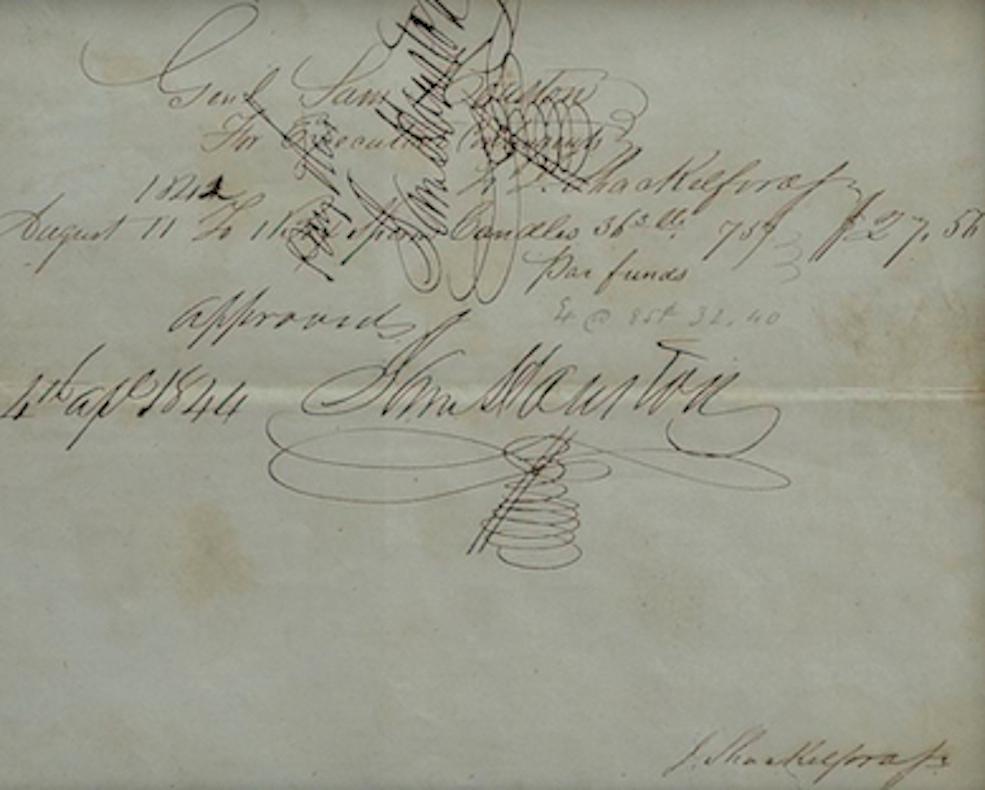 Presented is an original document, twice-signed by Sam Houston as President of Texas. Dating to April 4, 1844, Houston signed this one-page pay order as the third president of the Republic of Texas, in order to reimburse Dr. Jack Shackelford for his