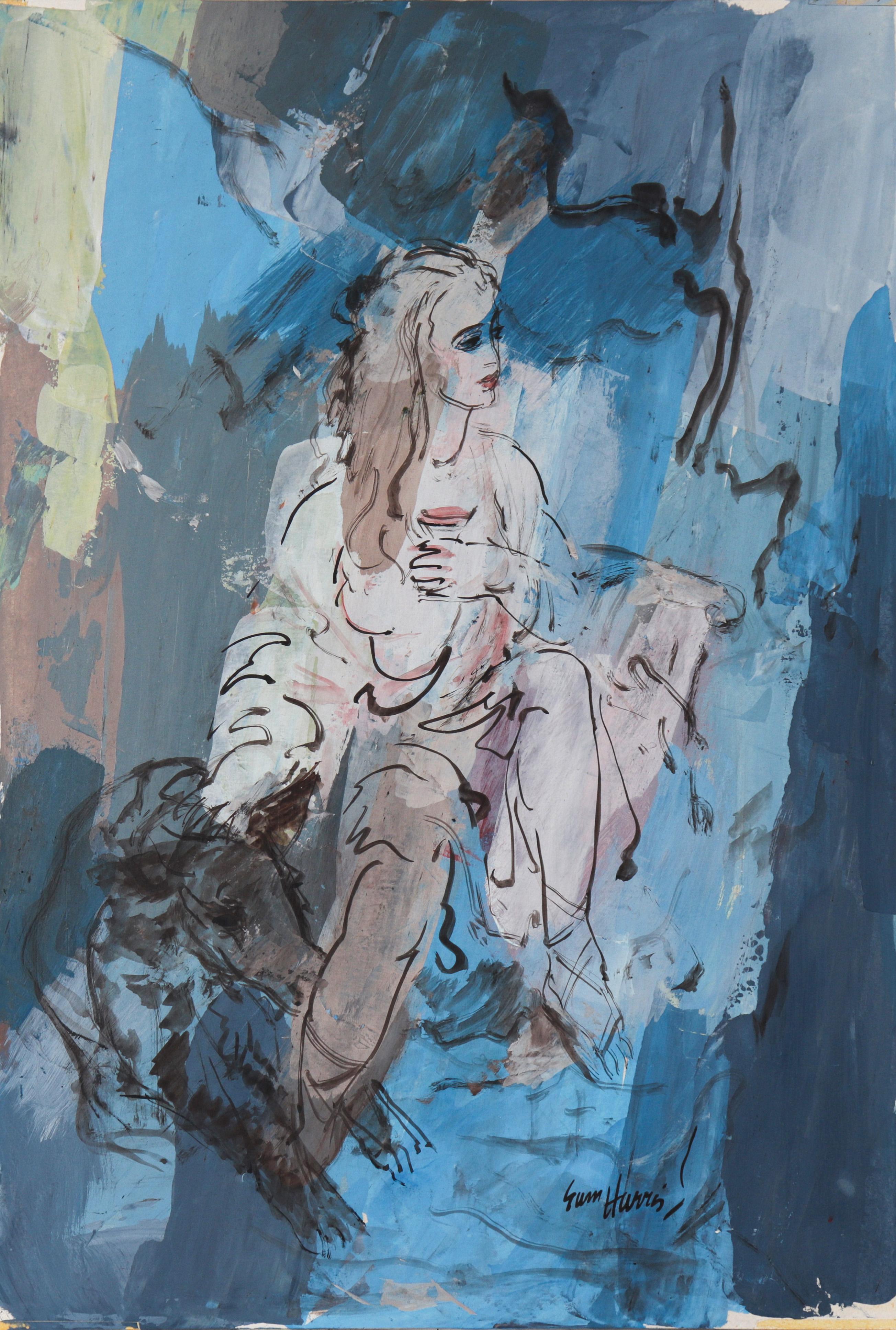Sam Hugh Harris Figurative Painting - Seated Woman in Blues 20th Century Gouache