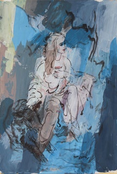Seated Woman in Blues 20th Century Gouache