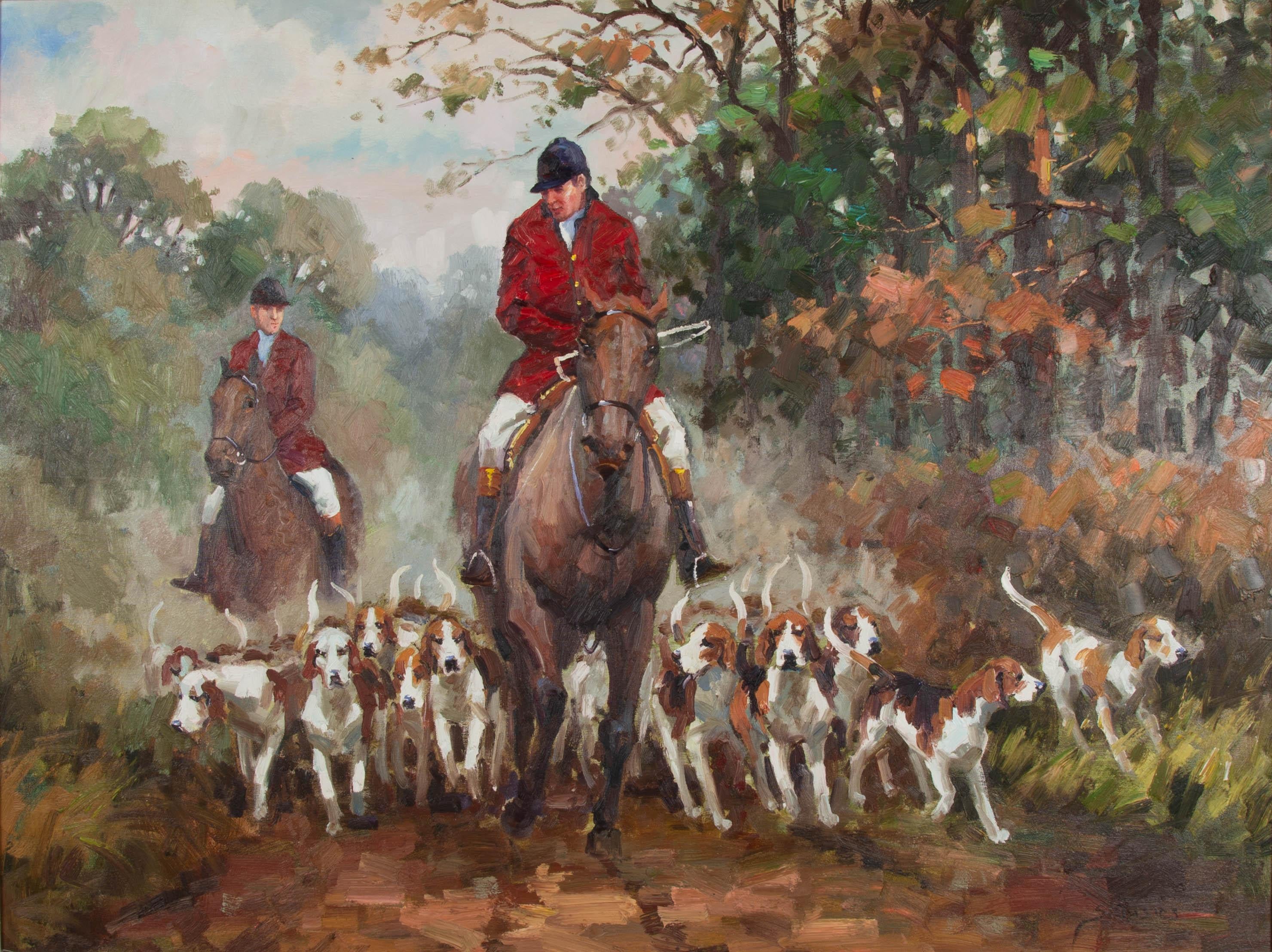 Hunting Party Sam Jusics Original 20th Century Sporting Art Painting For Sale 1