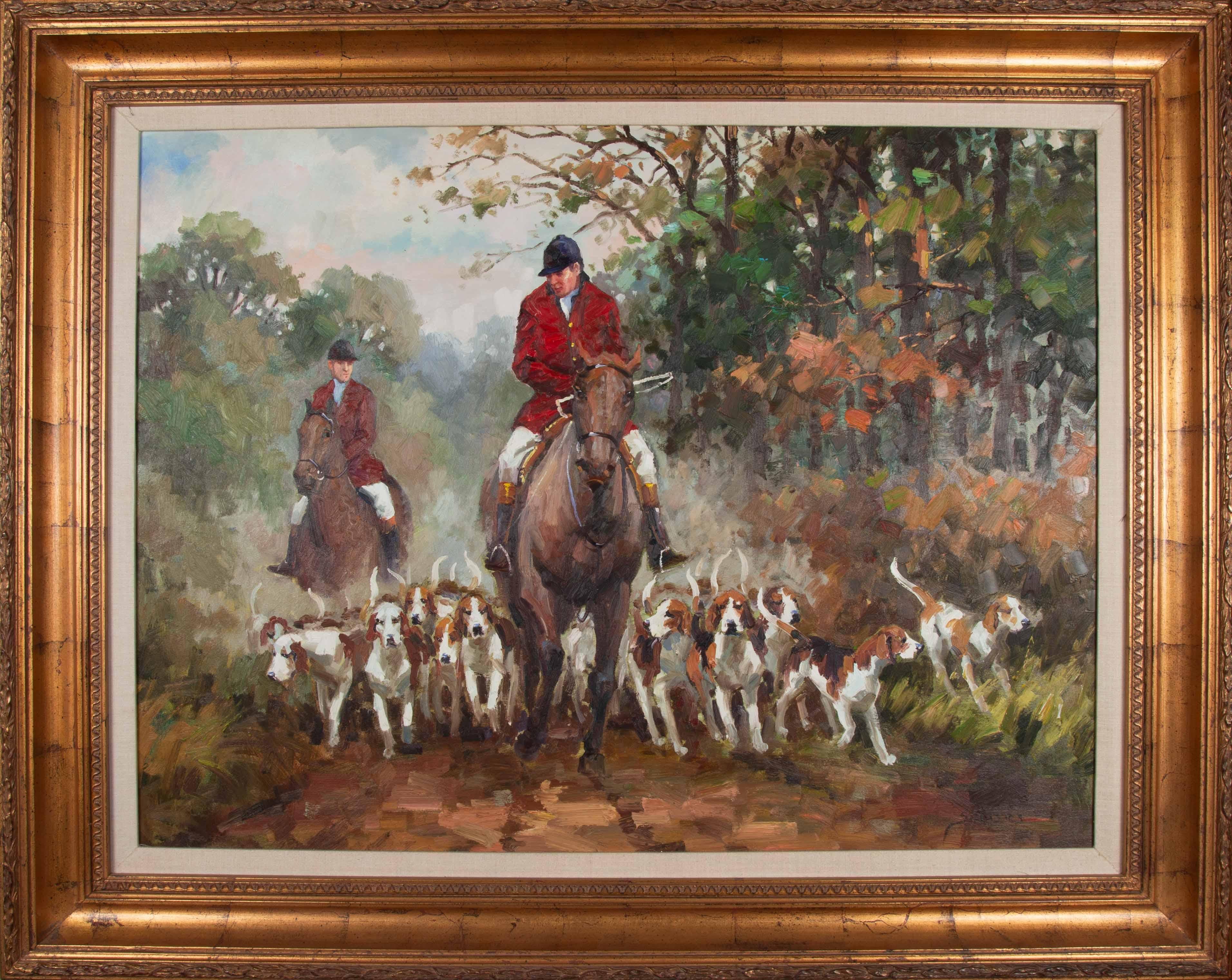 Hunting Party Sam Jusics Original 20th Century Sporting Art Painting 30" x 40", 40" x 50" Framed.
Provenance: Purchased from gallery in Beaufort, SC in 2002.
An excellent representation of 20th Century sporting art featuring two men on horseback