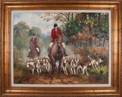 Vintage Hunting Party Sam Jusics Original 20th Century Sporting Art Painting