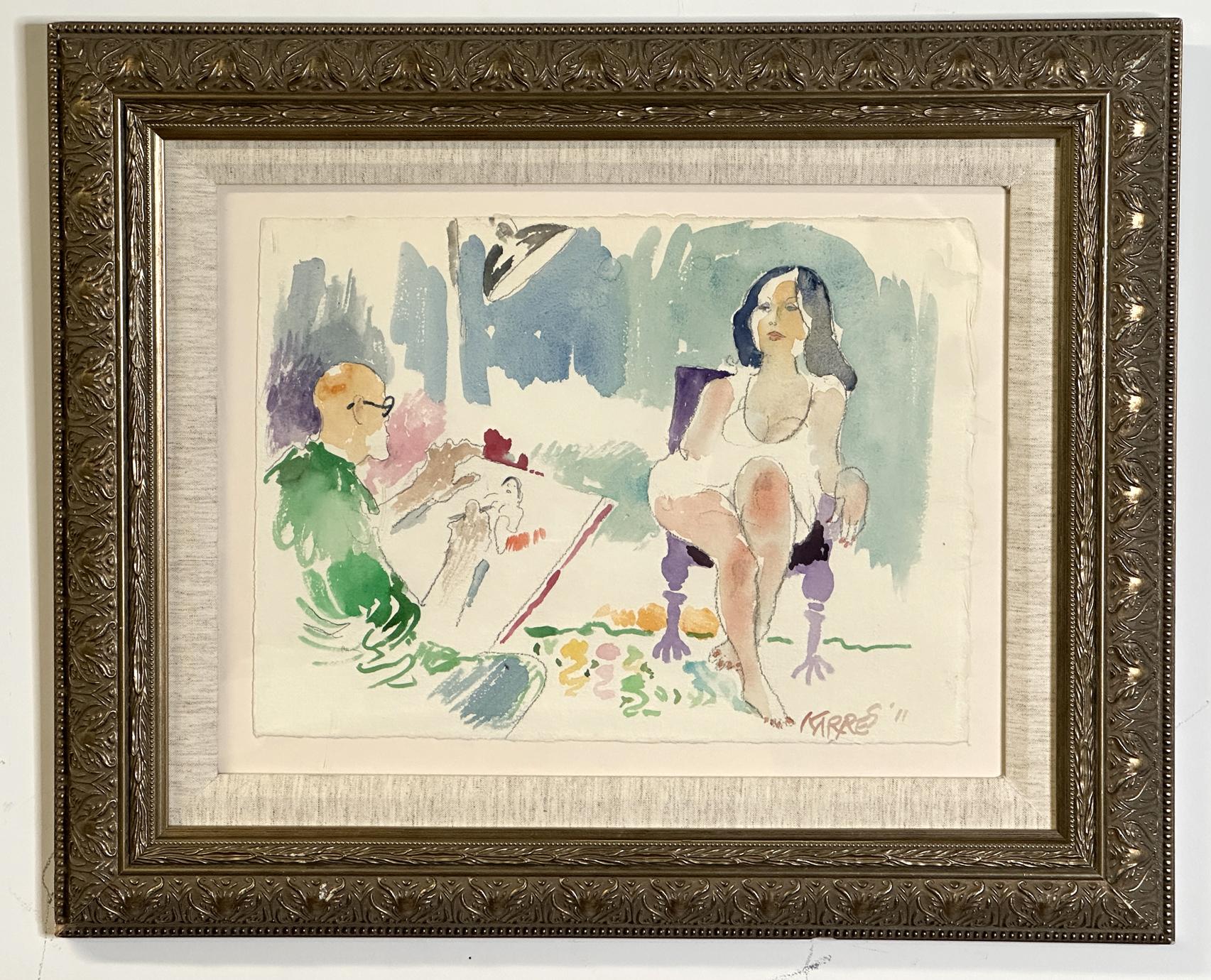 Artista e modella 2011 Quadro ad acquerello incorniciato - Painting di Sam Karres