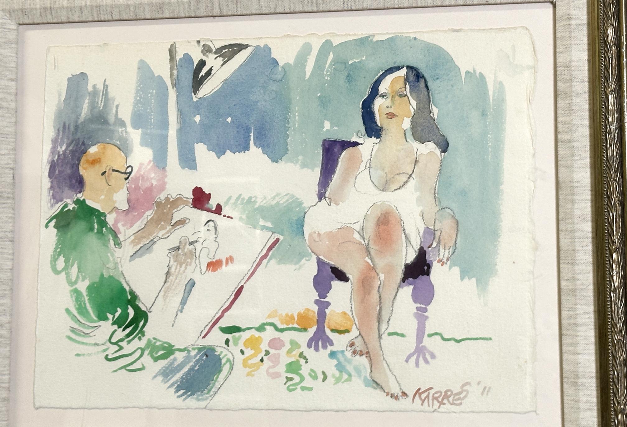 Artista e modella 2011 Quadro ad acquerello incorniciato - Painting Impressionismo americano di Sam Karres