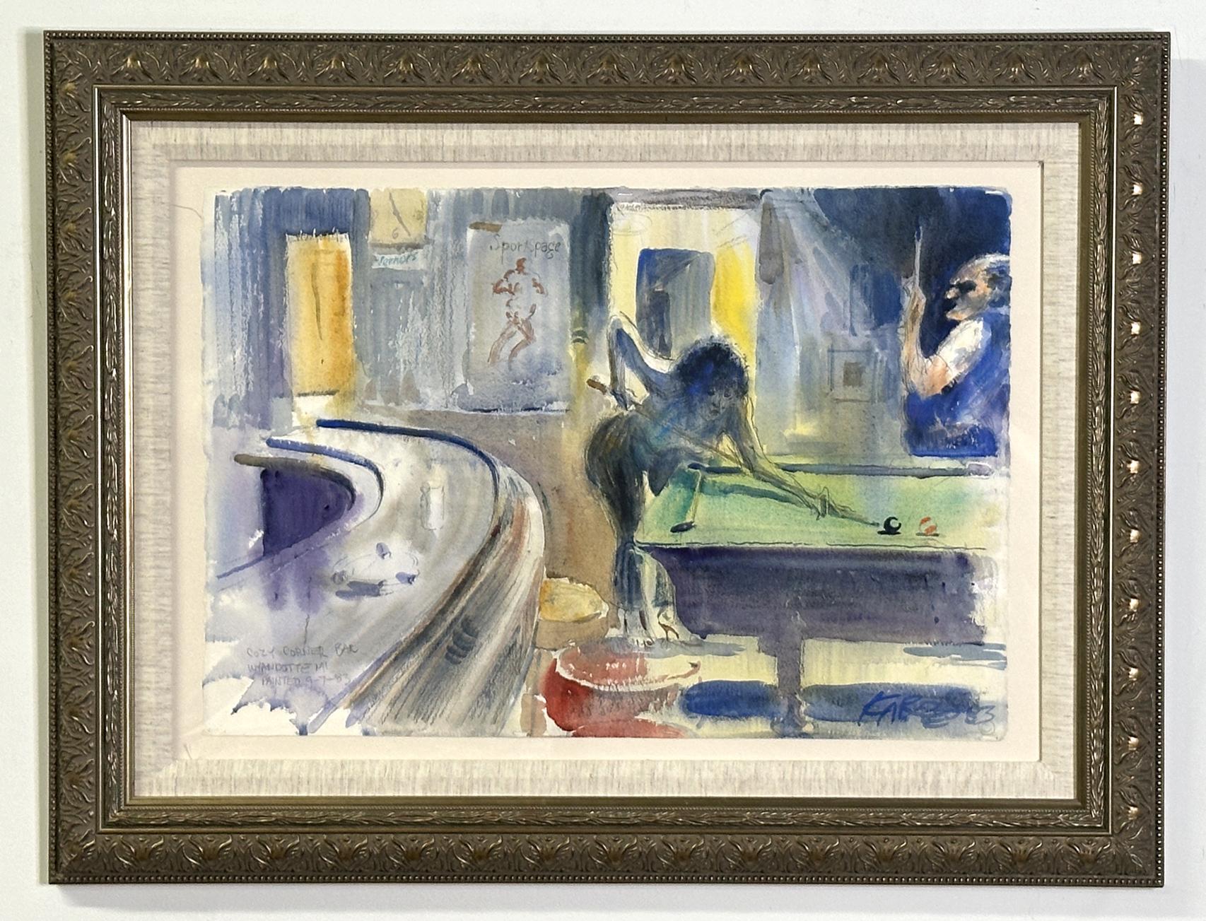 Cozy Corner Bar 1983 Gerahmtes Aquarellgemälde – Painting von Sam Karres
