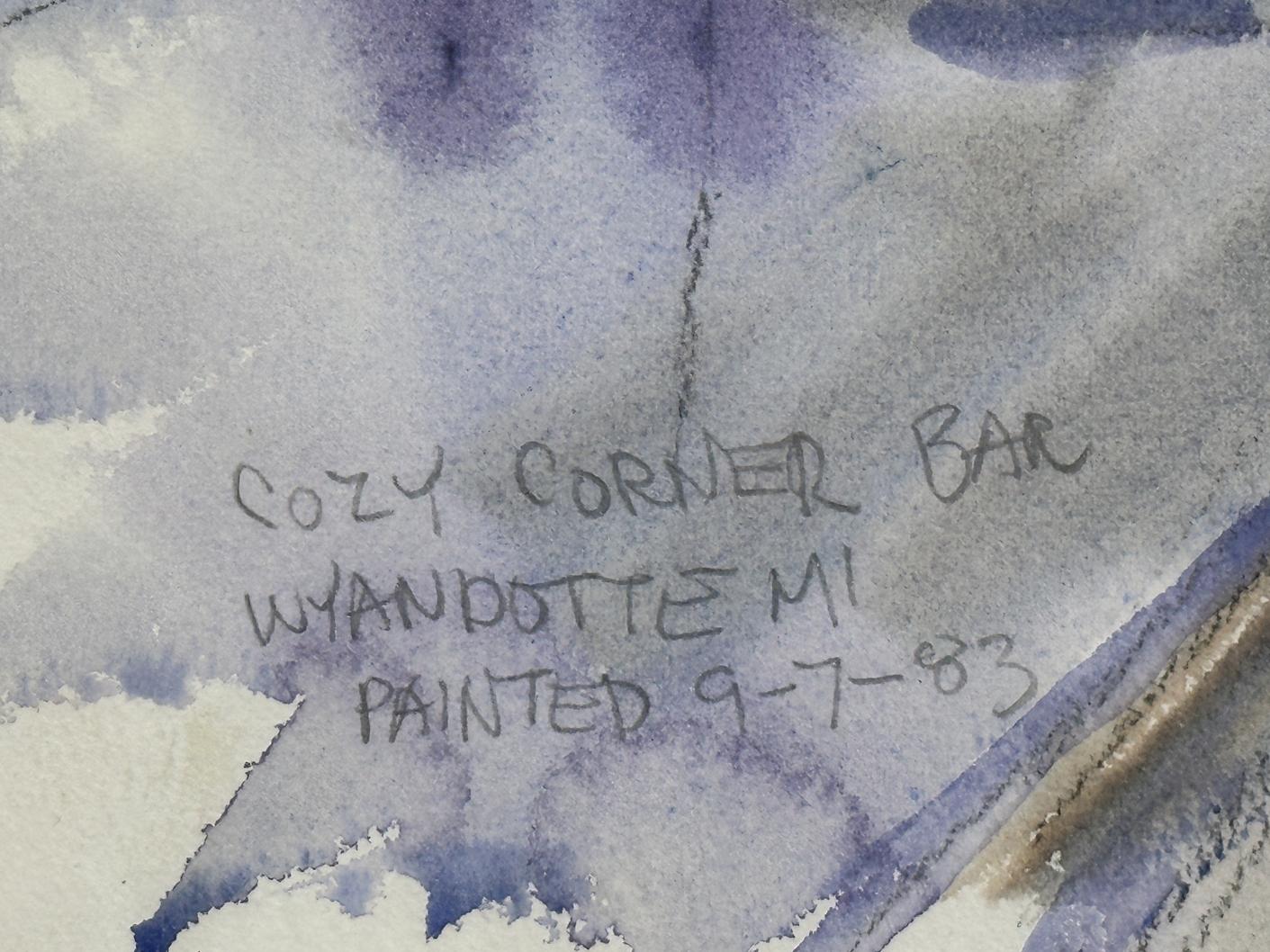 Cozy Corner Bar 1983 Gerahmtes Aquarellgemälde (Amerikanischer Impressionismus), Painting, von Sam Karres