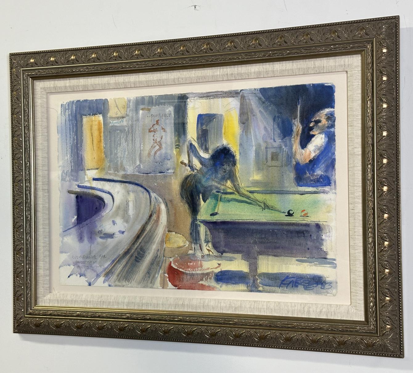 Cozy Corner Bar 1983 Gerahmtes Aquarellgemälde im Angebot 1