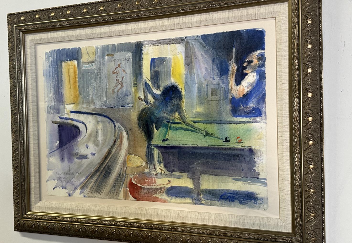 Cozy Corner Bar 1983 Gerahmtes Aquarellgemälde im Angebot 2