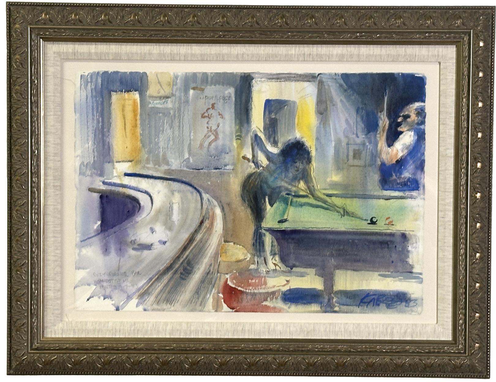Cozy Corner Bar 1983 Framed Watercolor Painting
