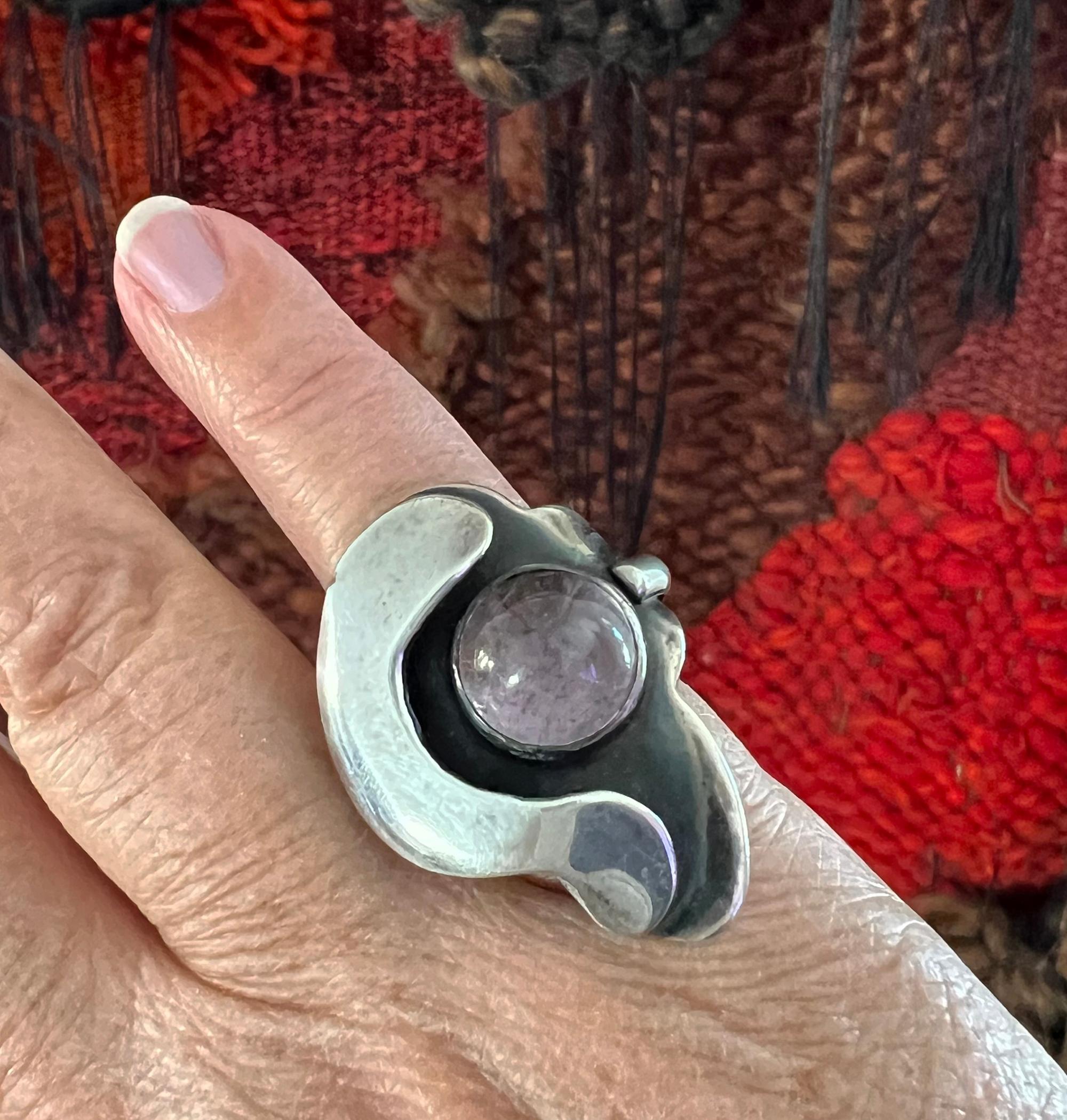 Sam Kramer Sterling Silver Amethyst New York Studio Surrealist Ring 1950s For Sale 5