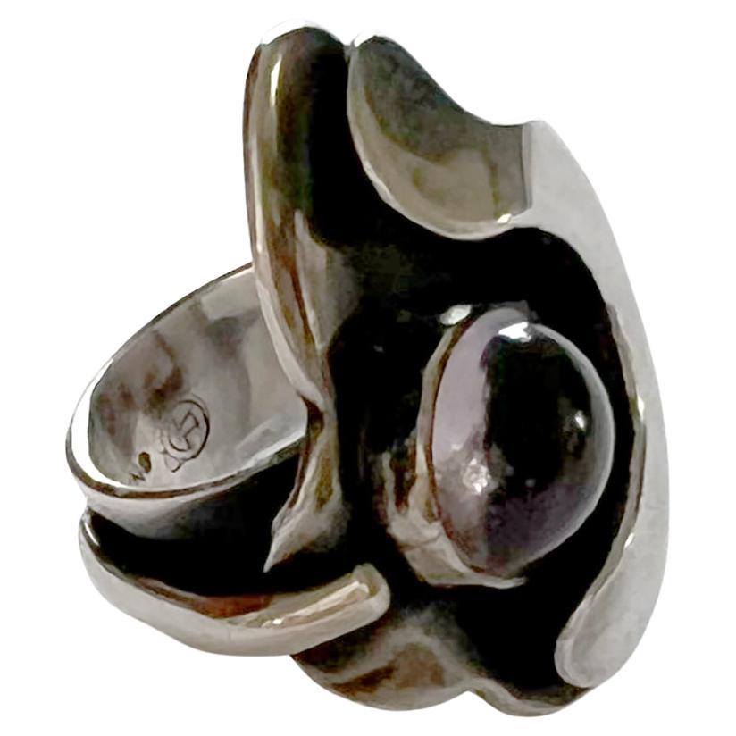 Cabochon Sam Kramer Sterling Silver Amethyst New York Studio Surrealist Ring 1950s For Sale