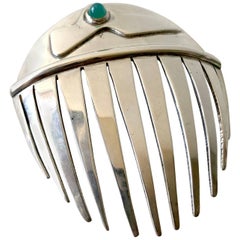 Retro Sam Kramer Sterling Silver Chrysoprase American Modernist Hair Comb