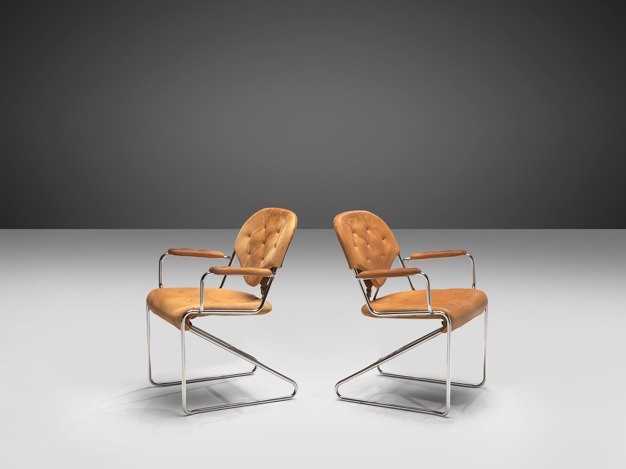 Sam Larsson for DUX International, set 8 armchairs model '1974', leather, fabric, metal, Sweden, 1970

Pair of side chairs designed by Sam Larsson and manufactured by DUX International. These chairs have a chrome-plated tubular steel frame and