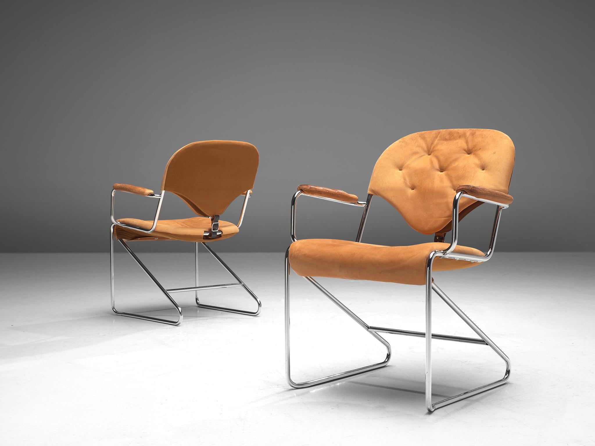 Sam Larsson for DUX International, armchairs model '1974', leather, fabric, metal, Sweden, designed in 1974

Pair of armchairs designed by Sam Larsson and manufactured by DUX International. These chairs have a chrome-plated tubular steel frame and