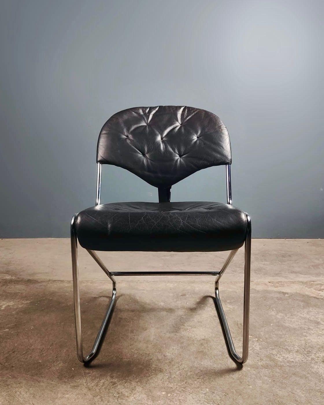 Mid-Century Modern Sam Larsson For Dux Sweden ‘Sam’ Four Black Leather Dining Chairs Mid Century
