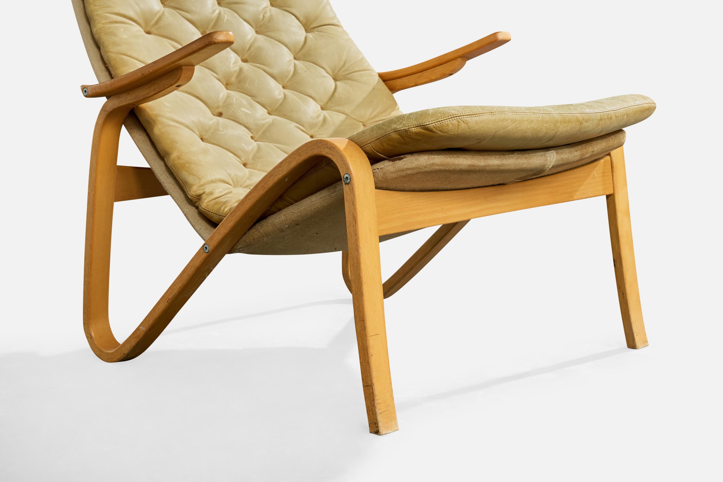 Sam Larsson, Silla de salón, Madera, Lienzo, Cuero, Suecia, 1970s en venta 4