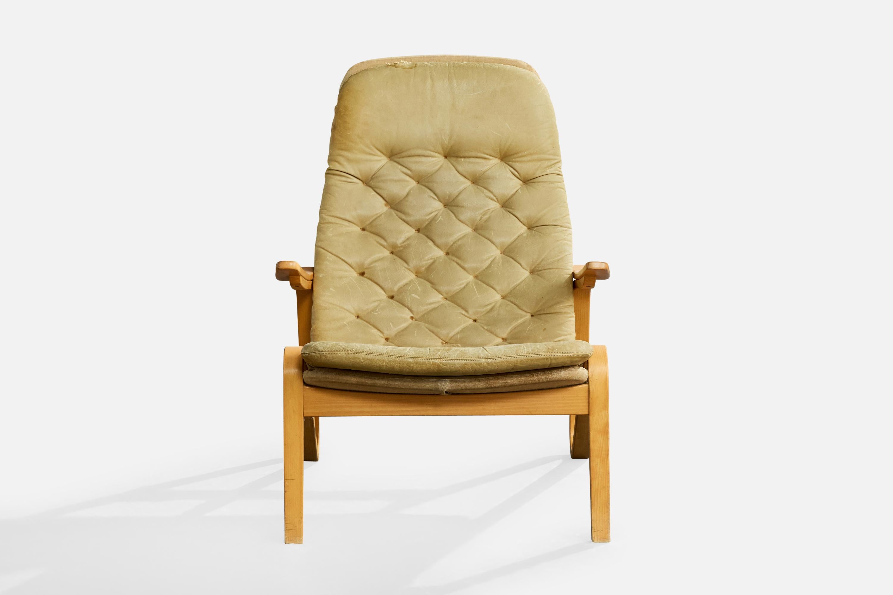 Sam Larsson, Silla de salón, Madera, Lienzo, Cuero, Suecia, 1970s Moderno de mediados de siglo en venta
